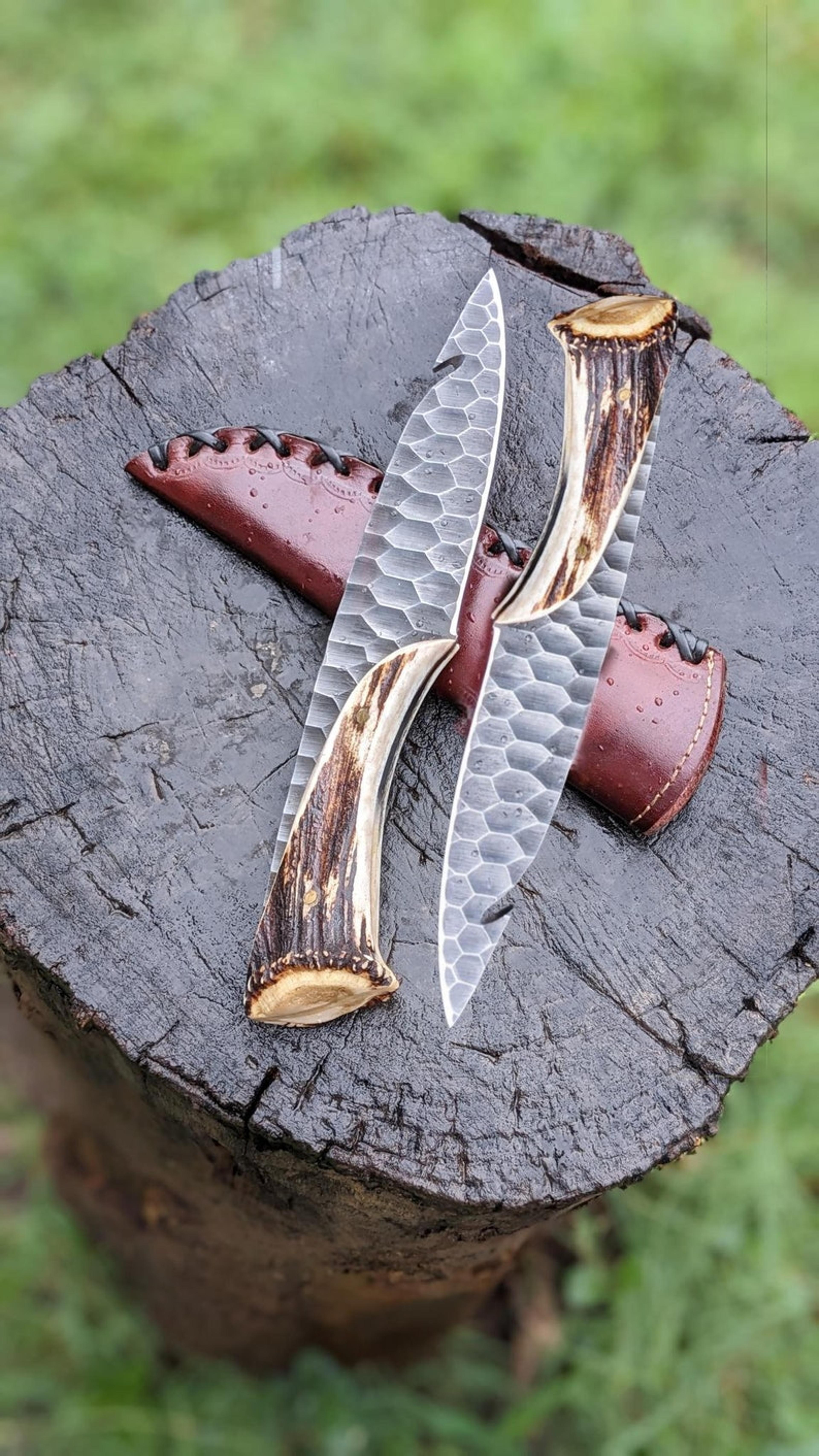 handcrafted full tang hunting knives – stag crown antler handle blades with sheath