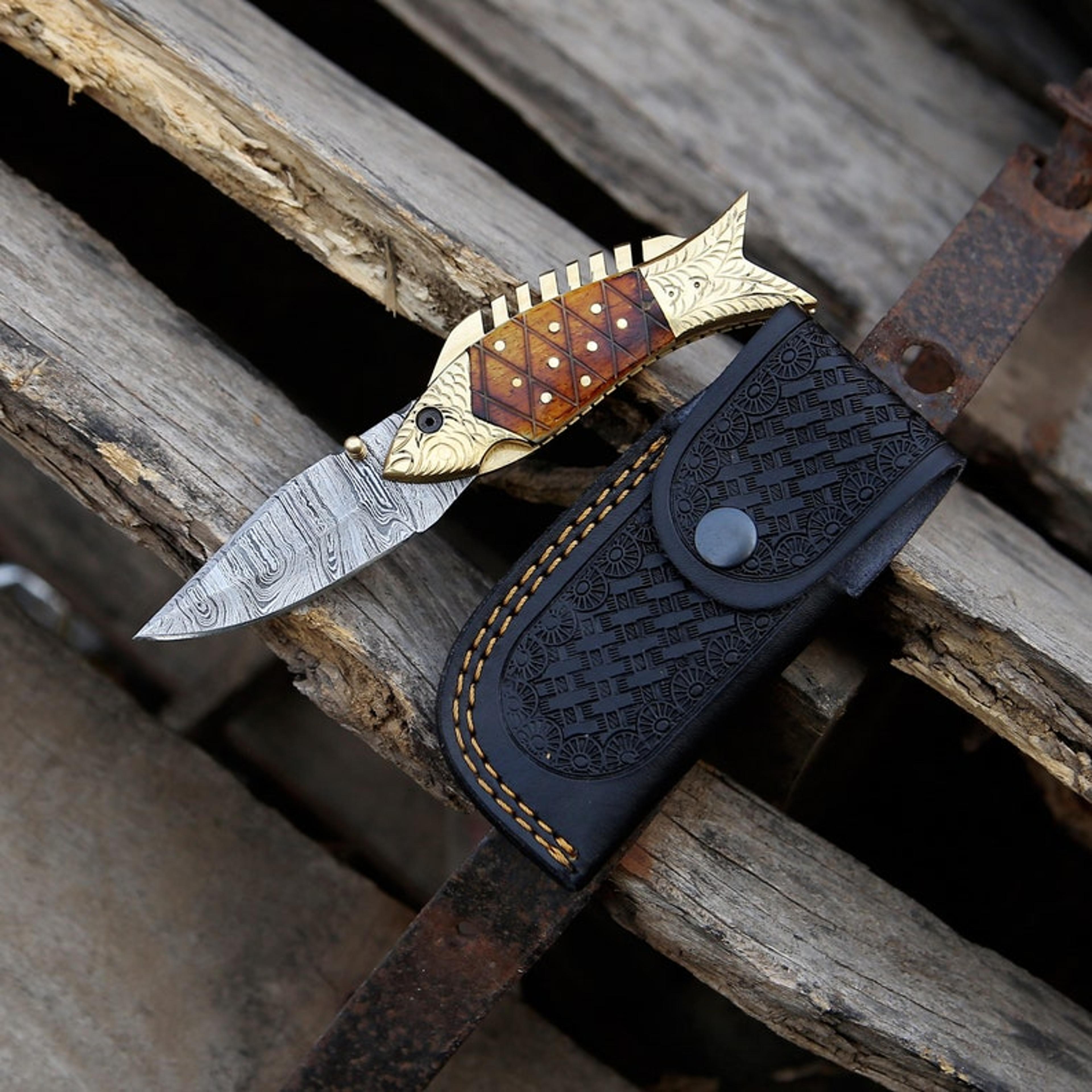 handmade damascus steel personalized pocket knife groomsman gift folding knife fish camping gift for boyfriend