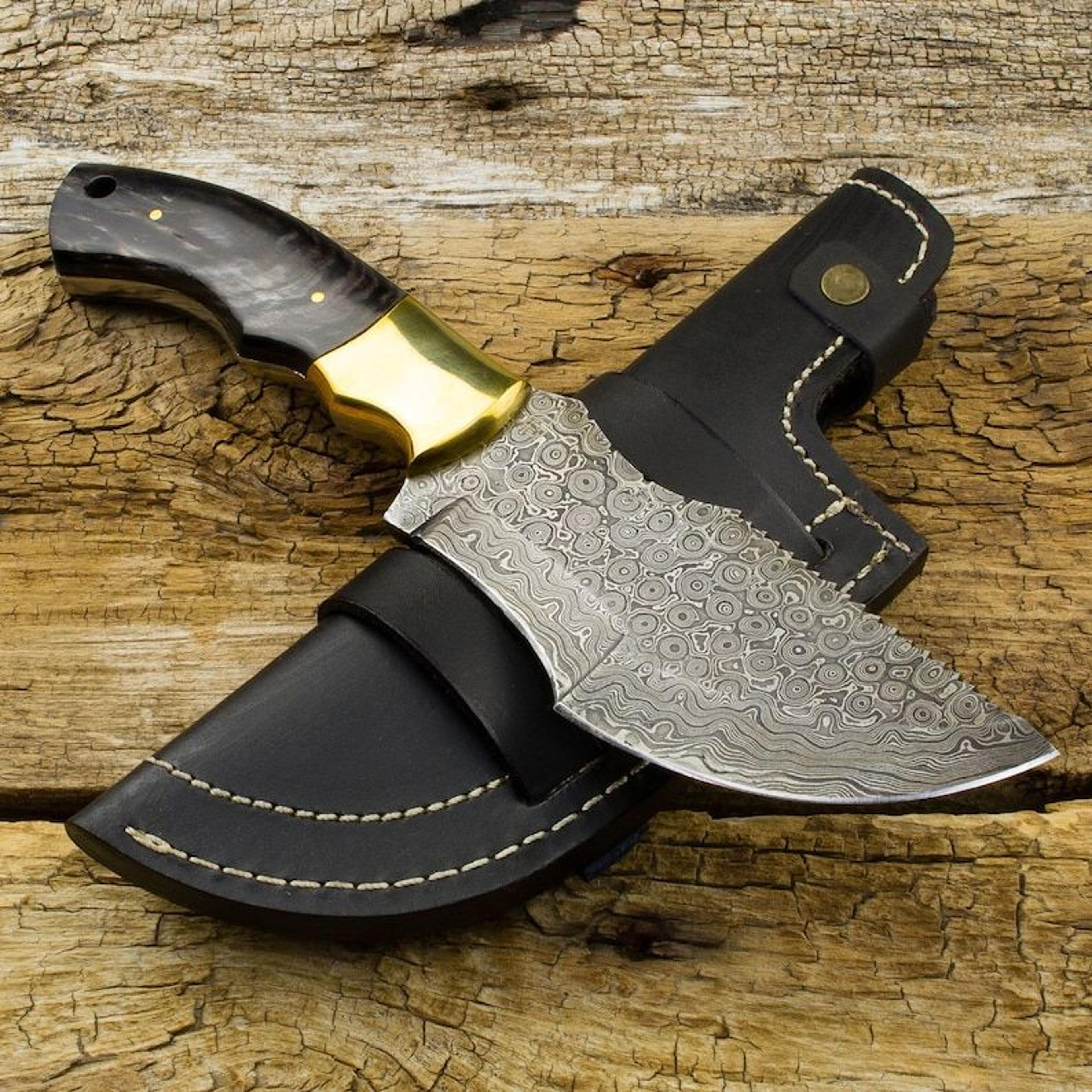 damascus steel tracker knife with leather sheath, handmade christmas gift - custom gift for men, unique christmas gift