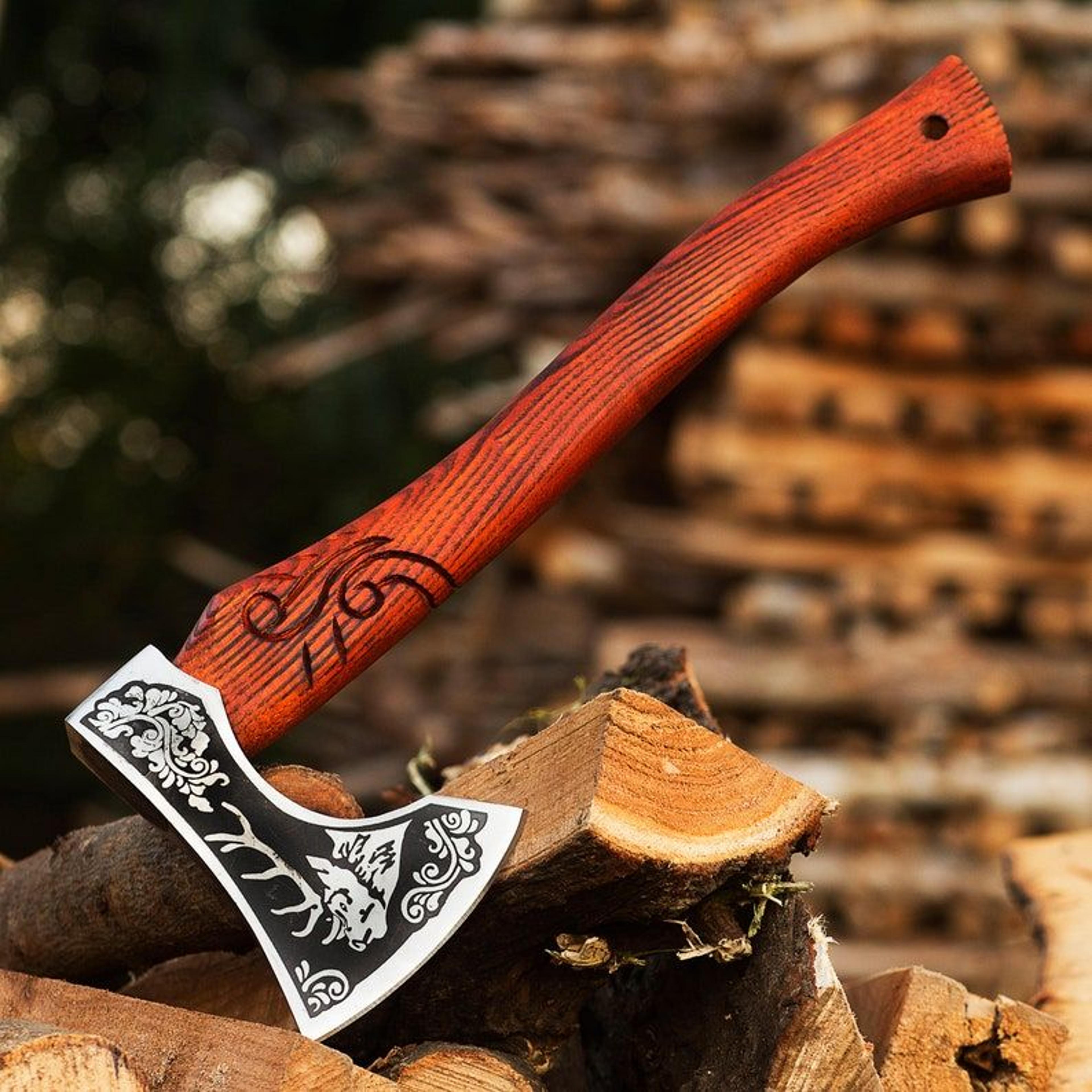 custom gift carbon steel forest viking axe with rose wood shaft, viking bearded camping axe, christmas gift