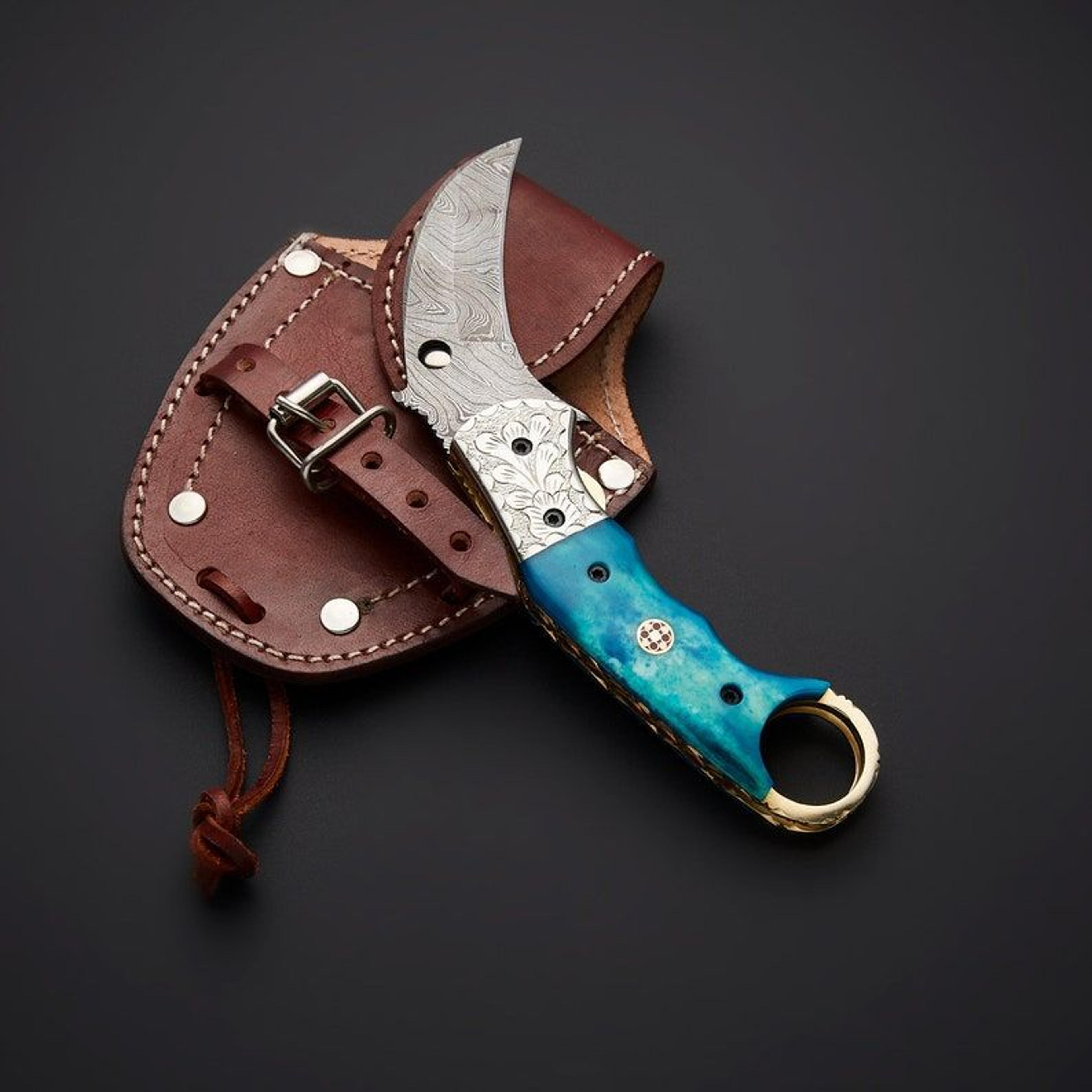the karambit folding knife - custom handmade - everyday carry - pocket knife - utility knife - blue dyed the chat