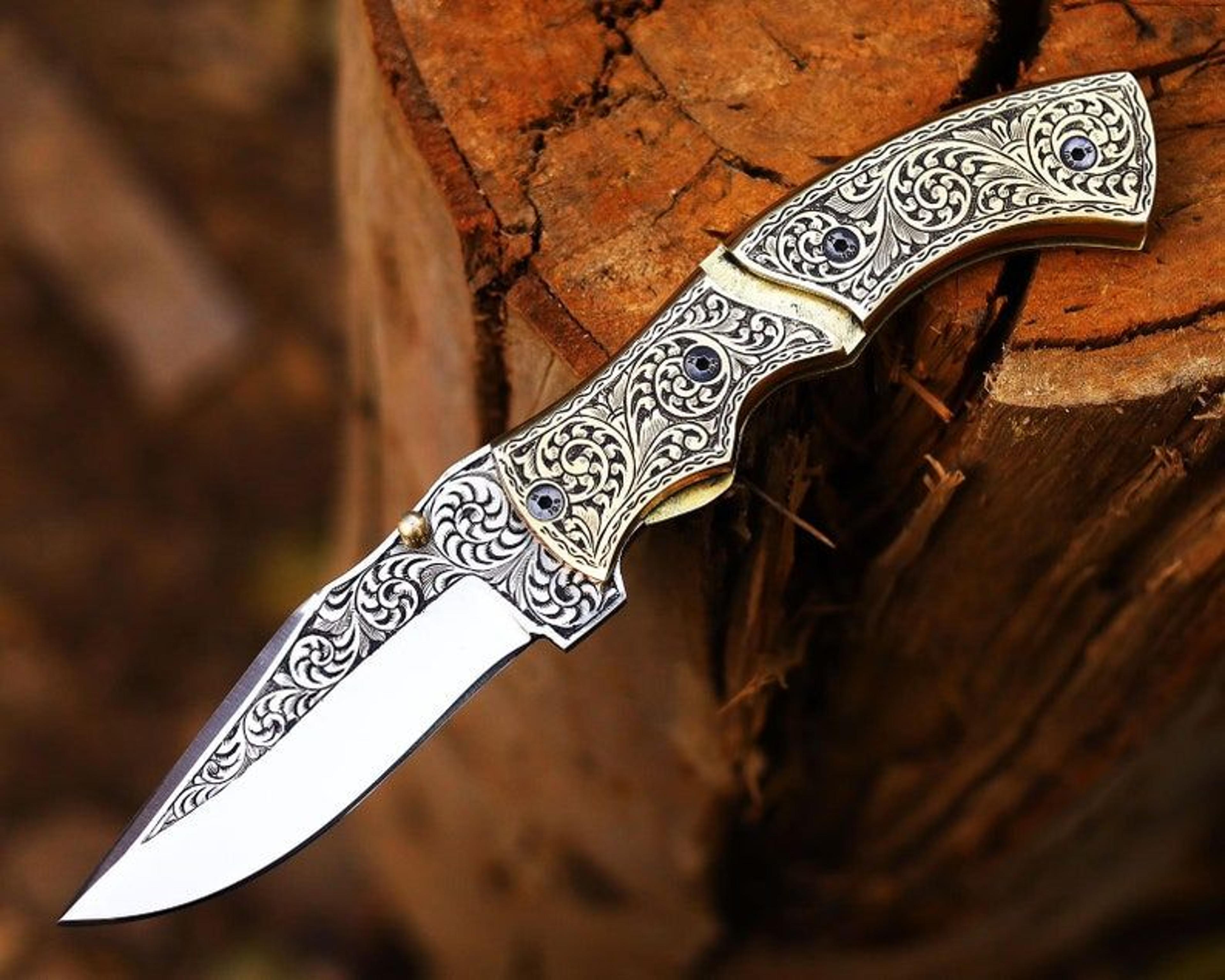handmade hand engraved brass handle folding knife pocket knife easy lock knife gift for him gift for father