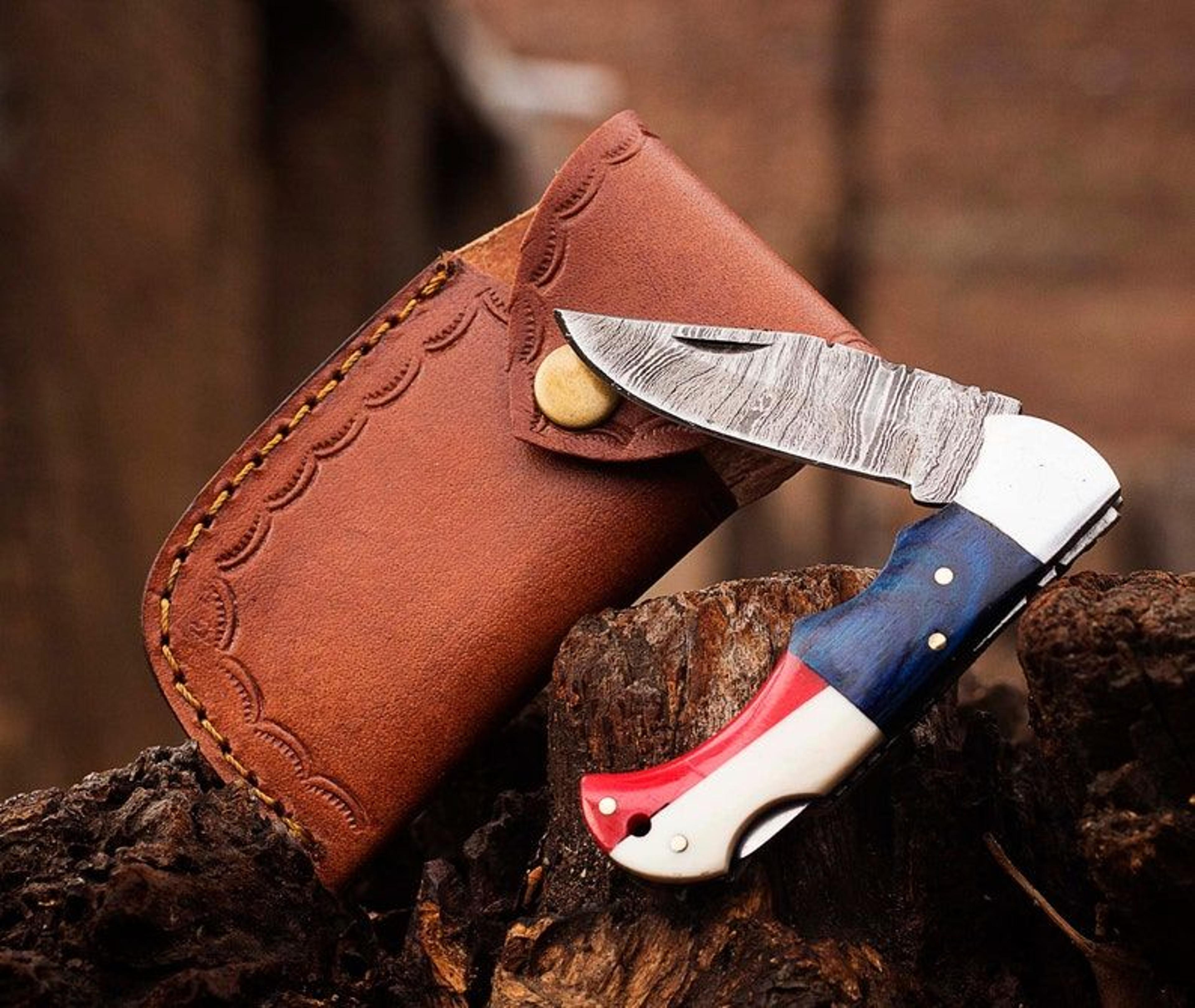 personalized handmade damascus pocket folding knife with texas flag handle – perfect gift for boyfriend, anniversary