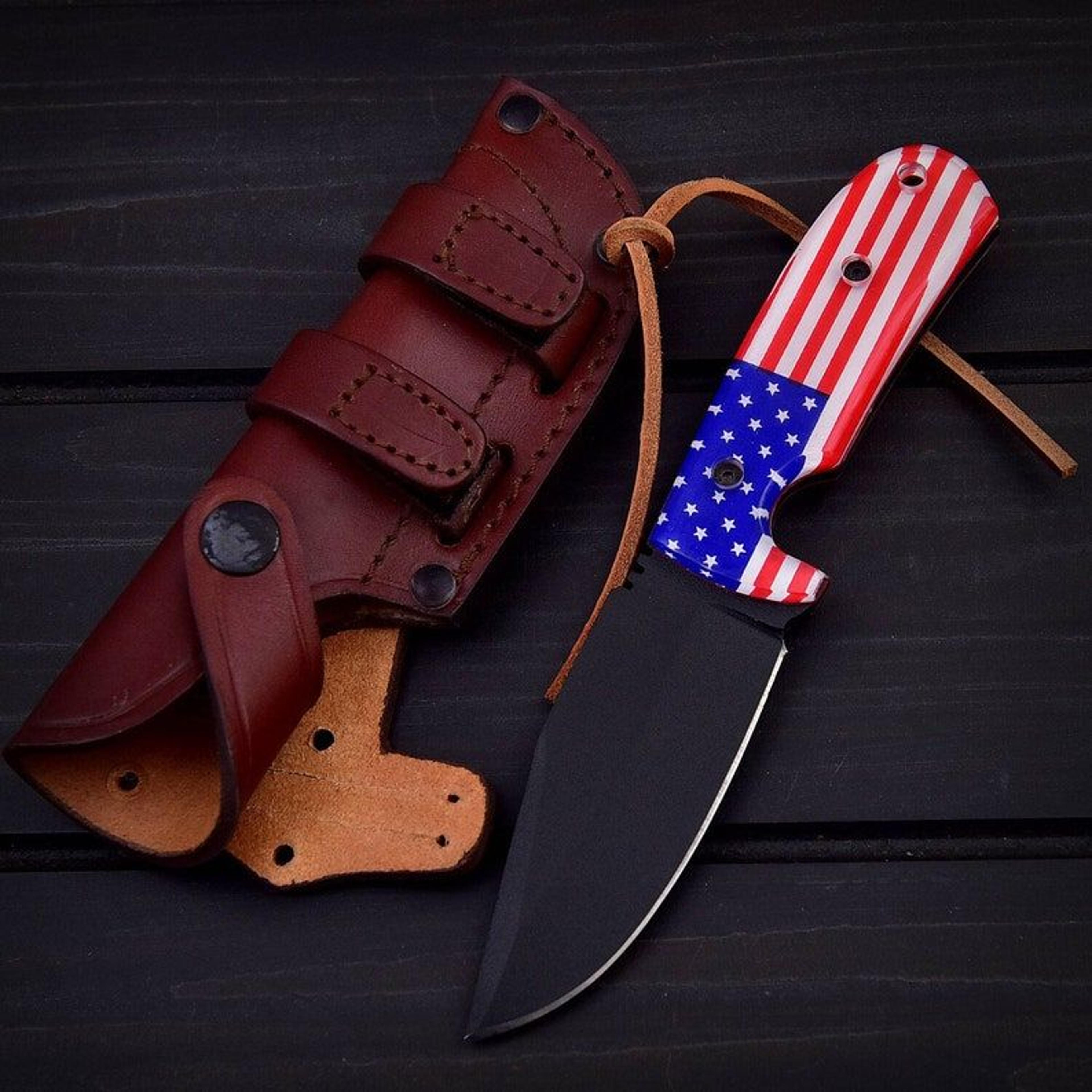 the americano | custom hand made - skinner camping knife - d2 tool steel - black powder coated - usa flag handle scales
