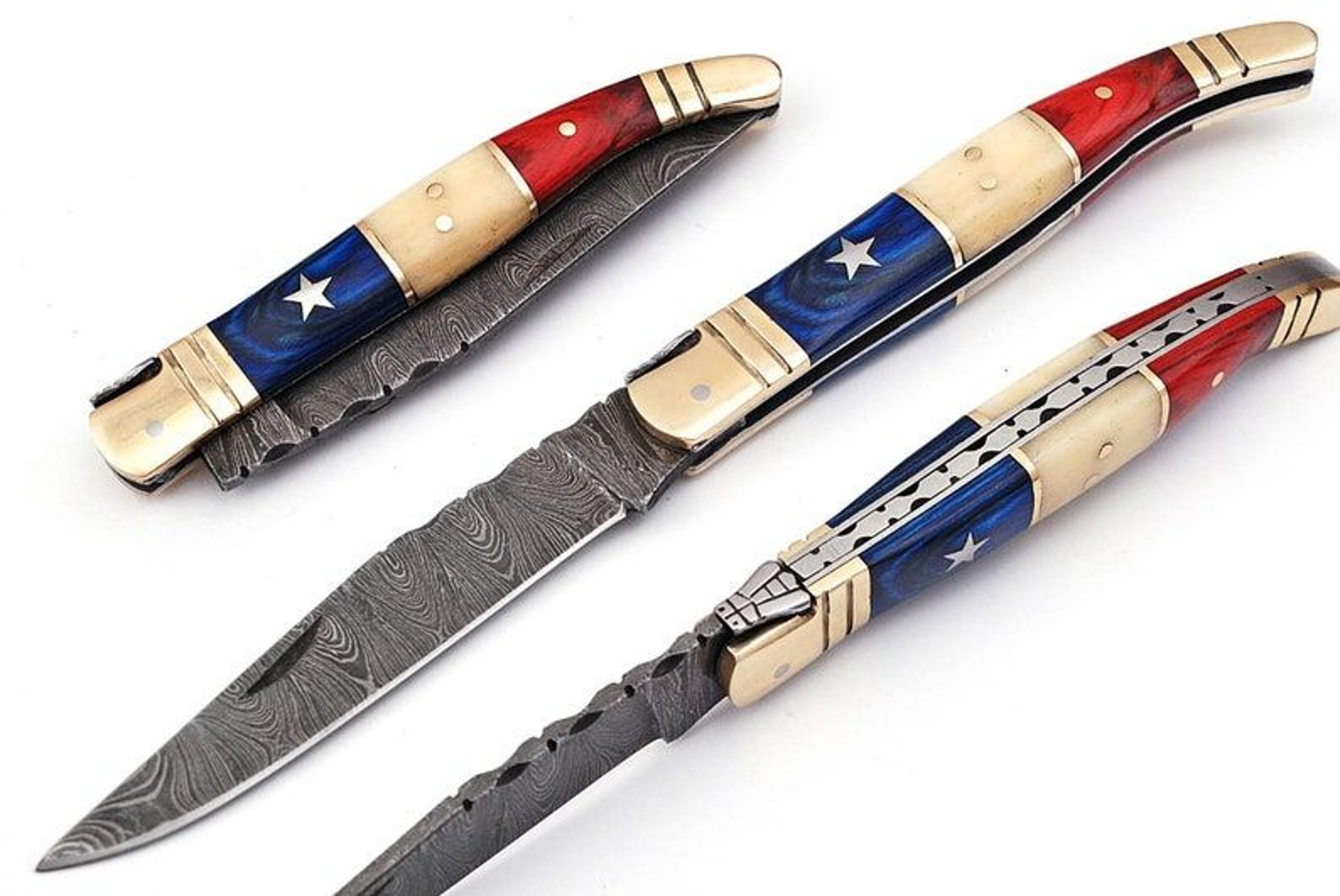 damascus steel texas flag french laguiole pocket, folding knife bone & wood handle, leather sheath gift knife