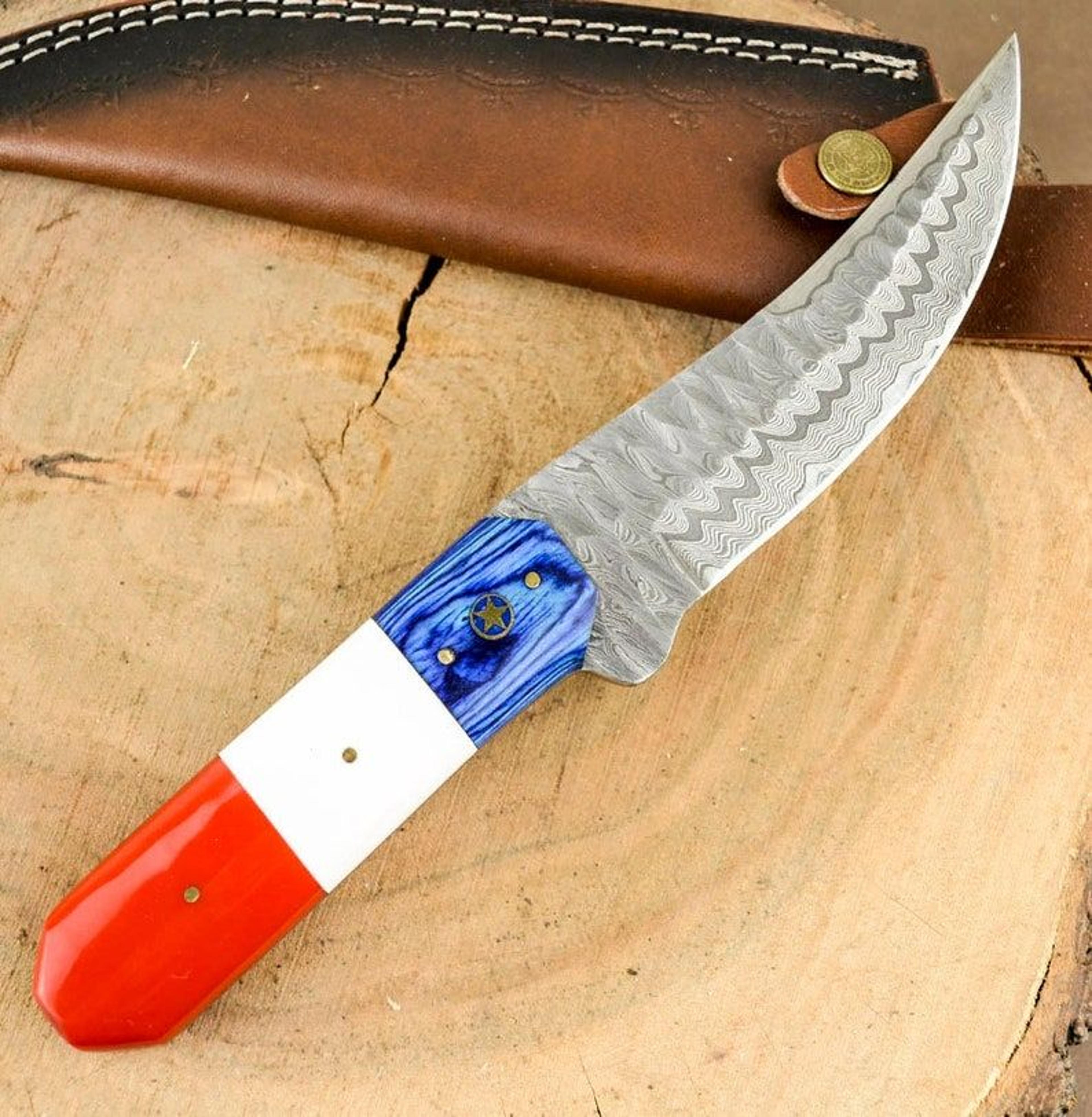 damascus hunting knife 10" skinning edc knife, fixed blade knife, texas flag handle knife handmade damascus knives gifts