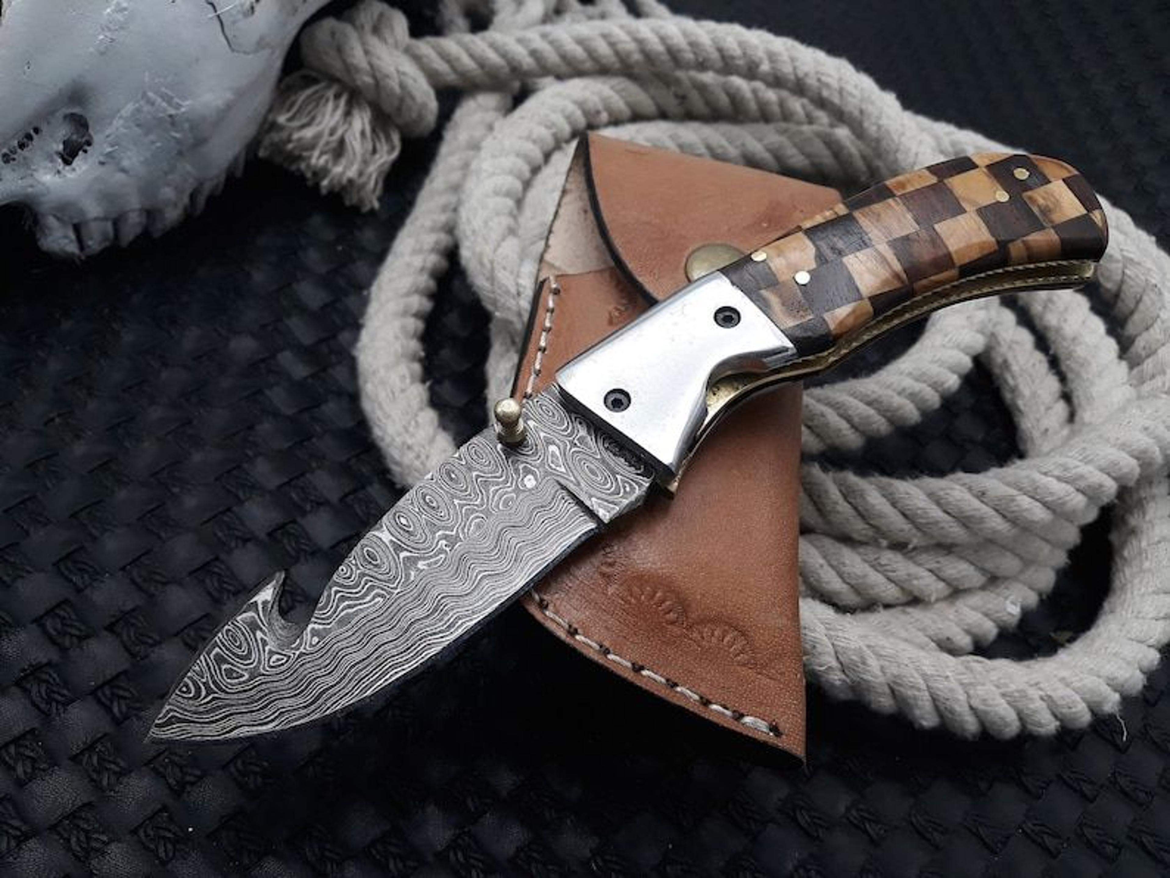 handcrafted damascus gut hook skinning knife - your ultimate hunting and camping companion - prime skinner knife for men