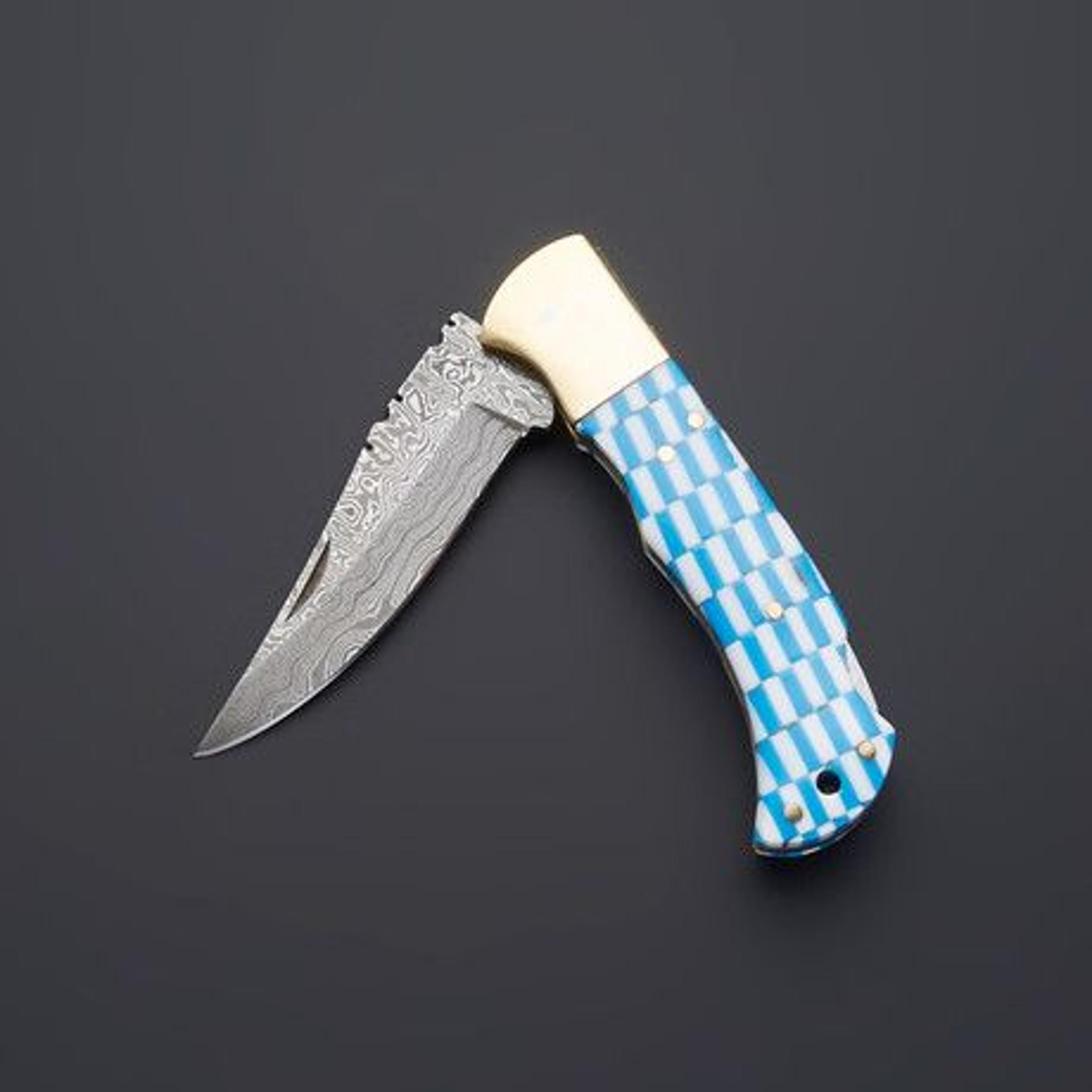 handmade damascus steel folding knife - personalized pocket knife for men - bushcraft tactical camping knife for men