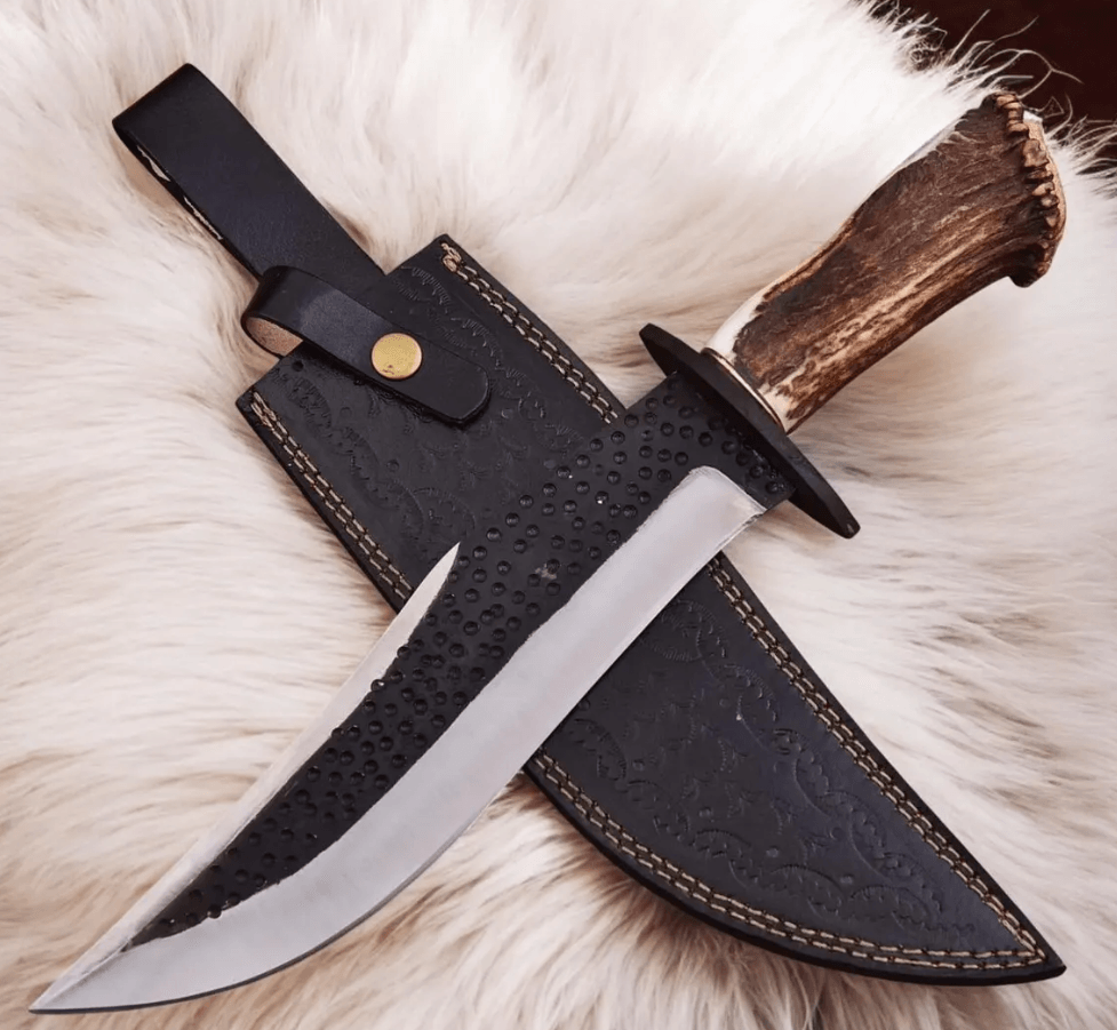 15" handmade stainless steel hunting knife | stag horn handle | full tang fixed blade with leather sheath |bf gift