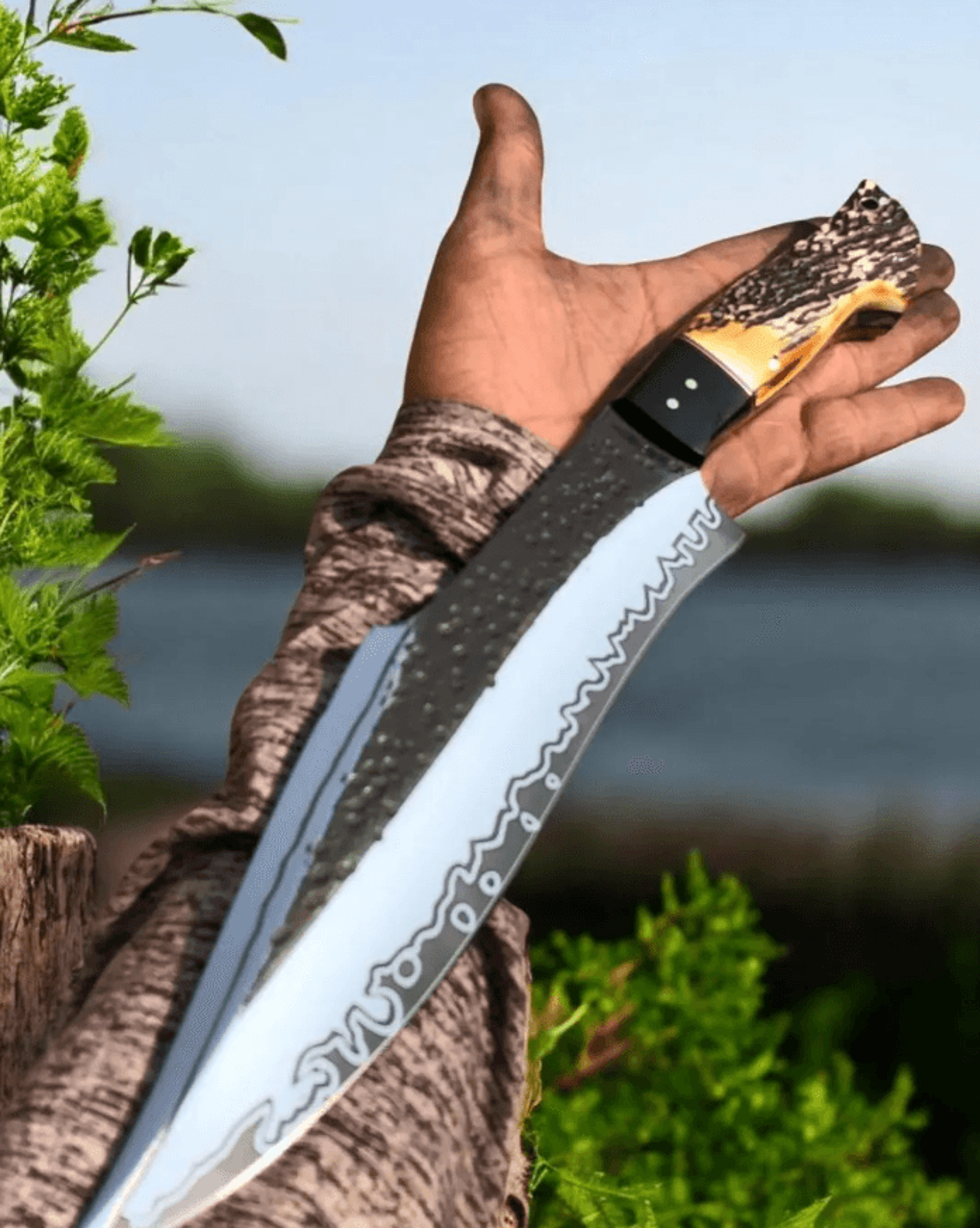 stag handle bowie knife | high carbon steel 13" blade + leather sheath | large outdoor hunting & survival knife | gift