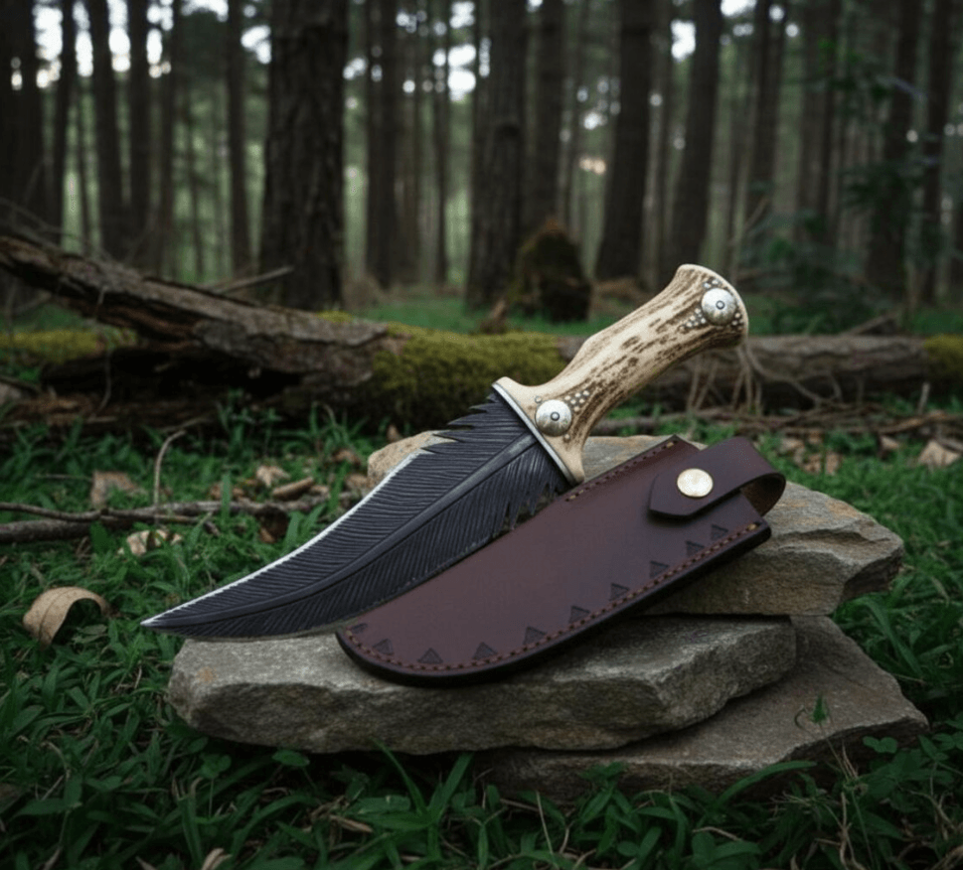 hand-forged feather blade knife with stag horn handle | carbon steel fantasy knife with leather sheath | unique handmade