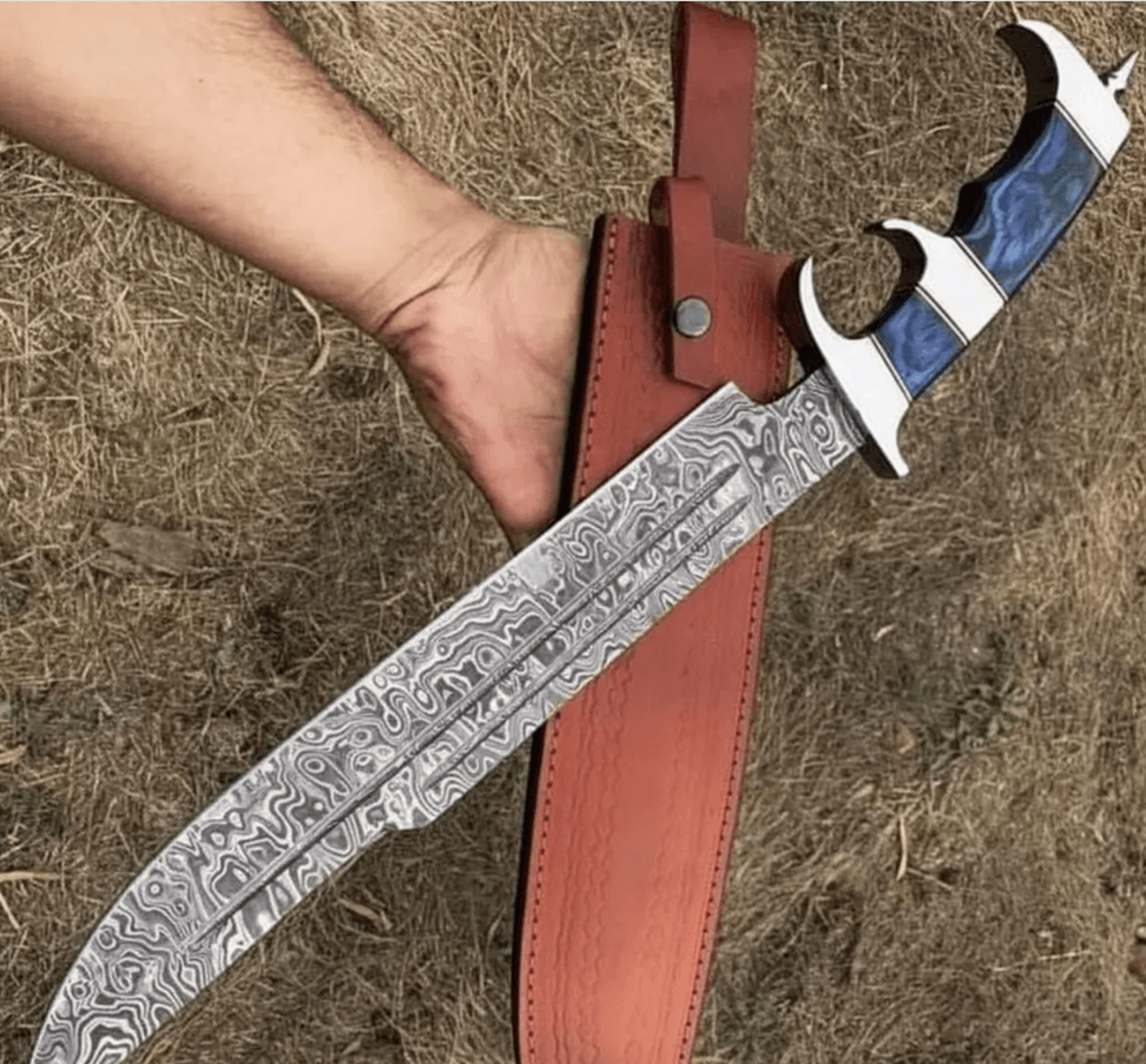 steel survival knife | 400-layer forged blade with blue pakka wood handle | full tang outdoor weapon with leather sheath