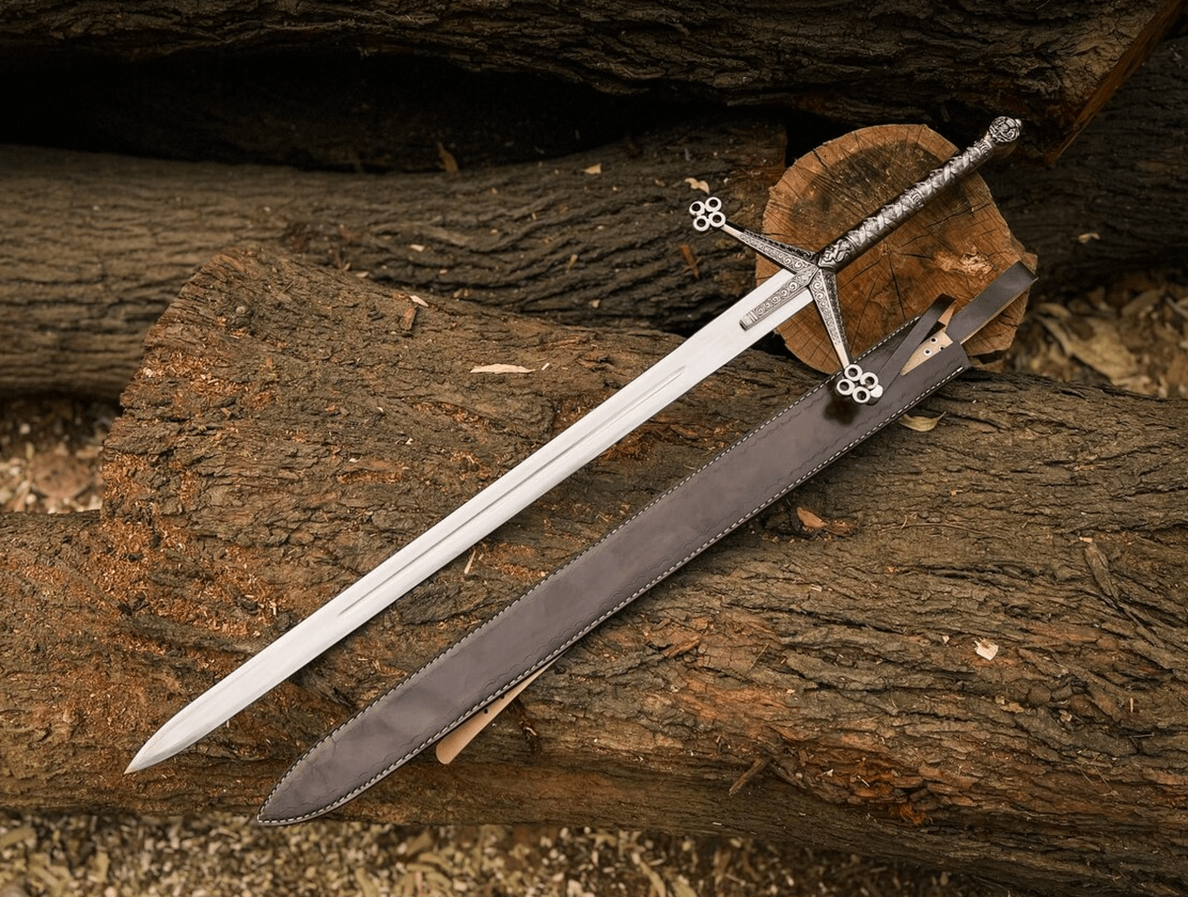 scottish claymore medieval sword | 40 inch two-handed display blade with leather scabbard