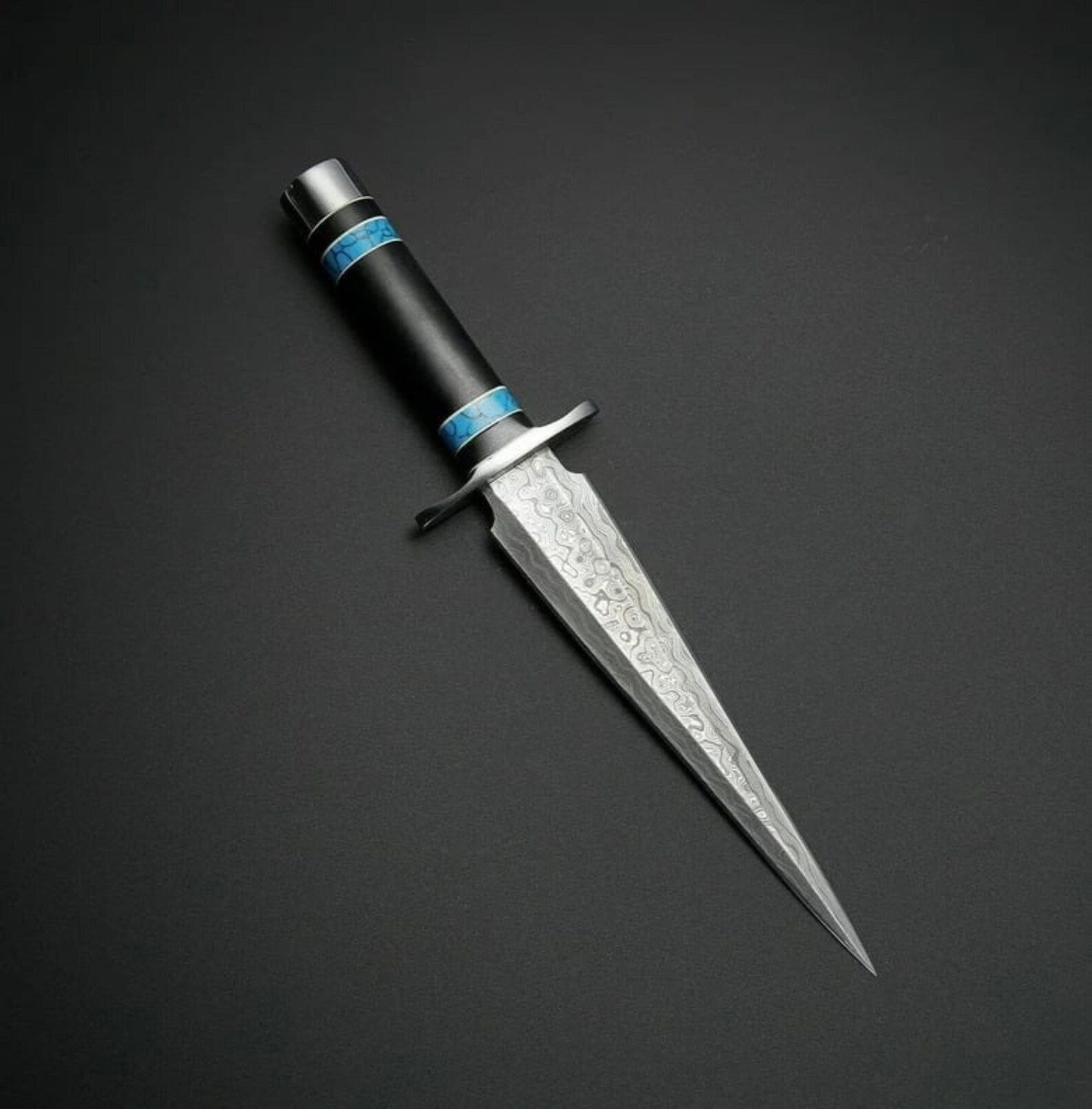 damascus dagger knife with leather sheath | double edge fixed blade hunting survival knife | premium gift for him