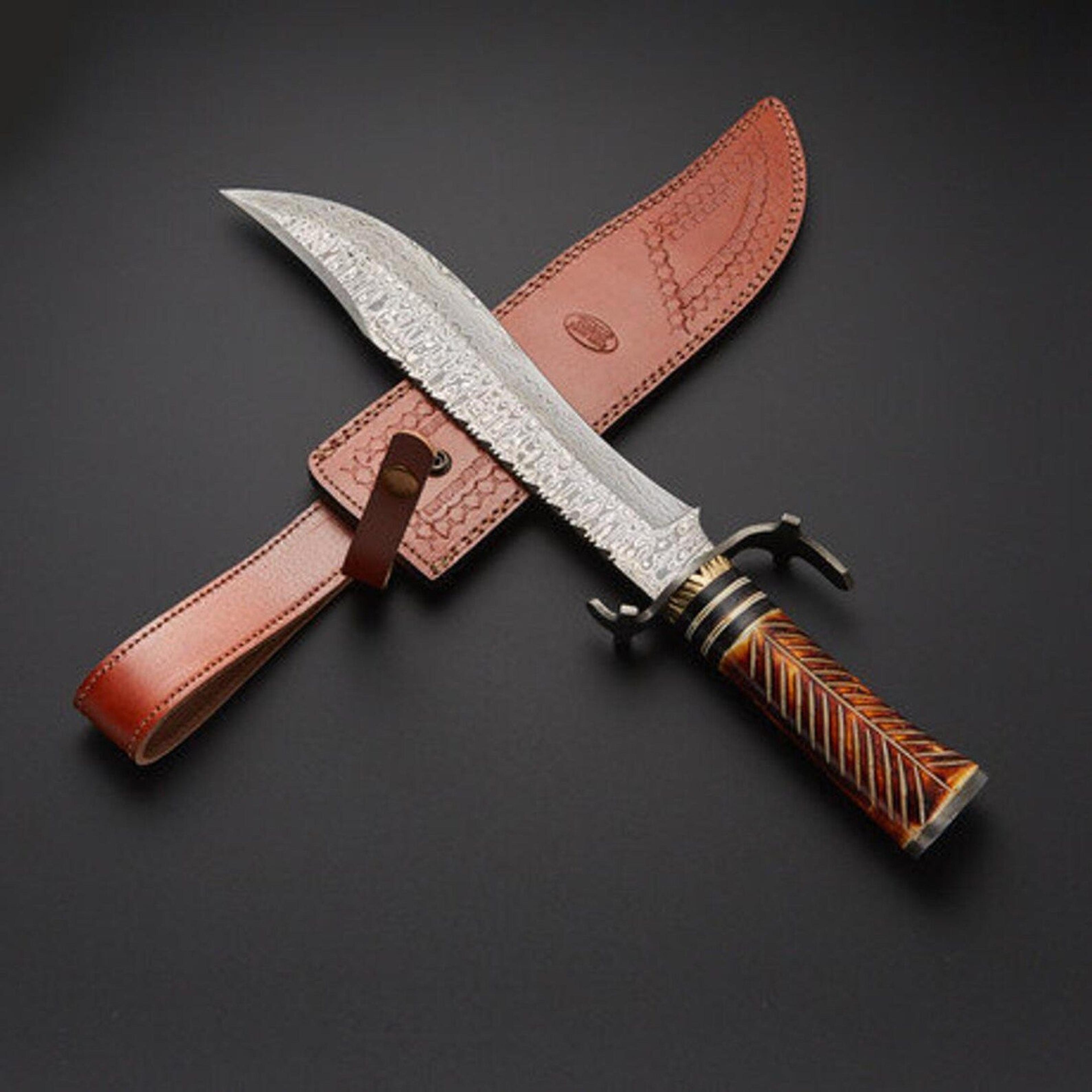 handmade damascus bowie knife with leather sheath | fixed blade hunting survival knife