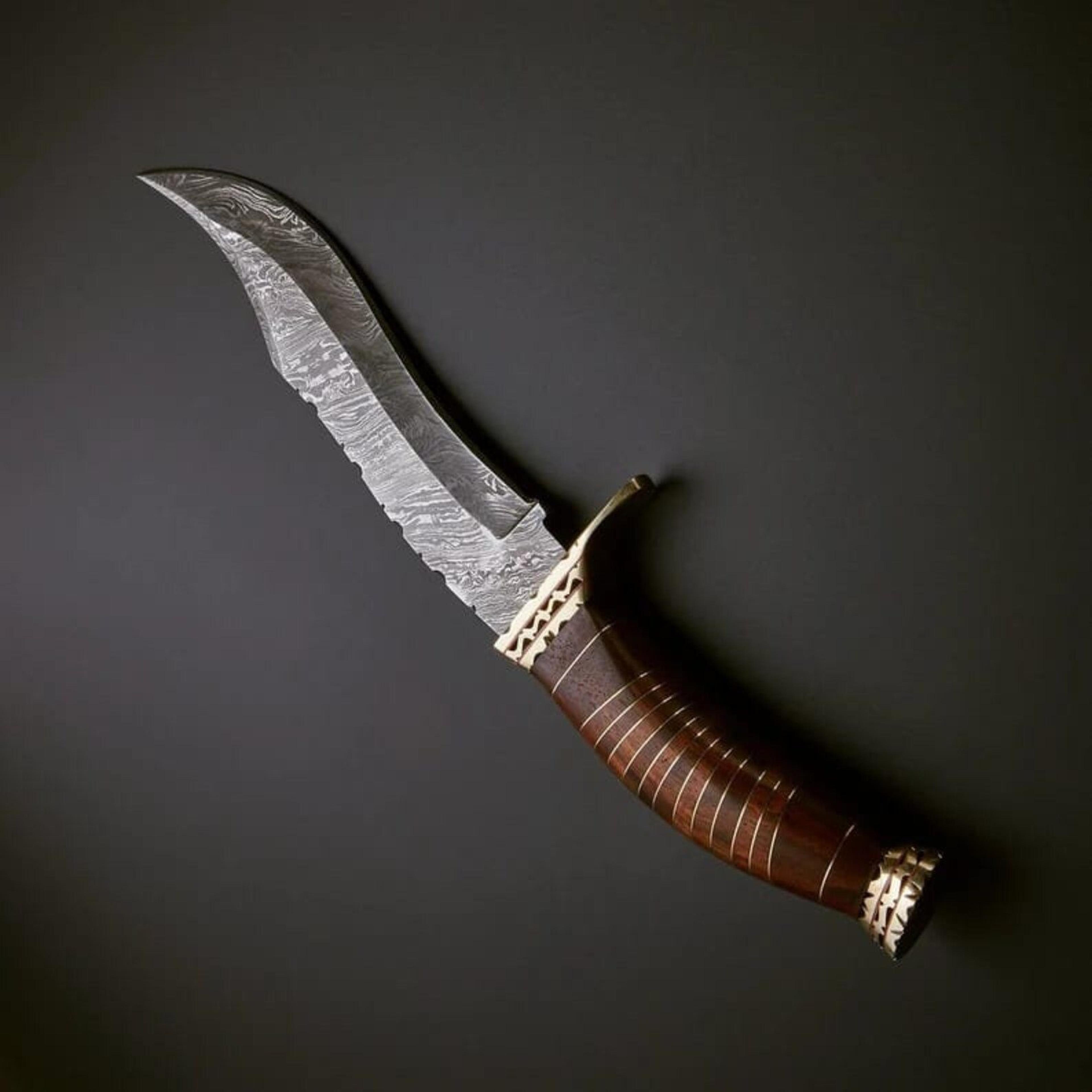handmade damascus skinner hunting knife with leather wrapped handle | fixed blade bushcraft survival knife