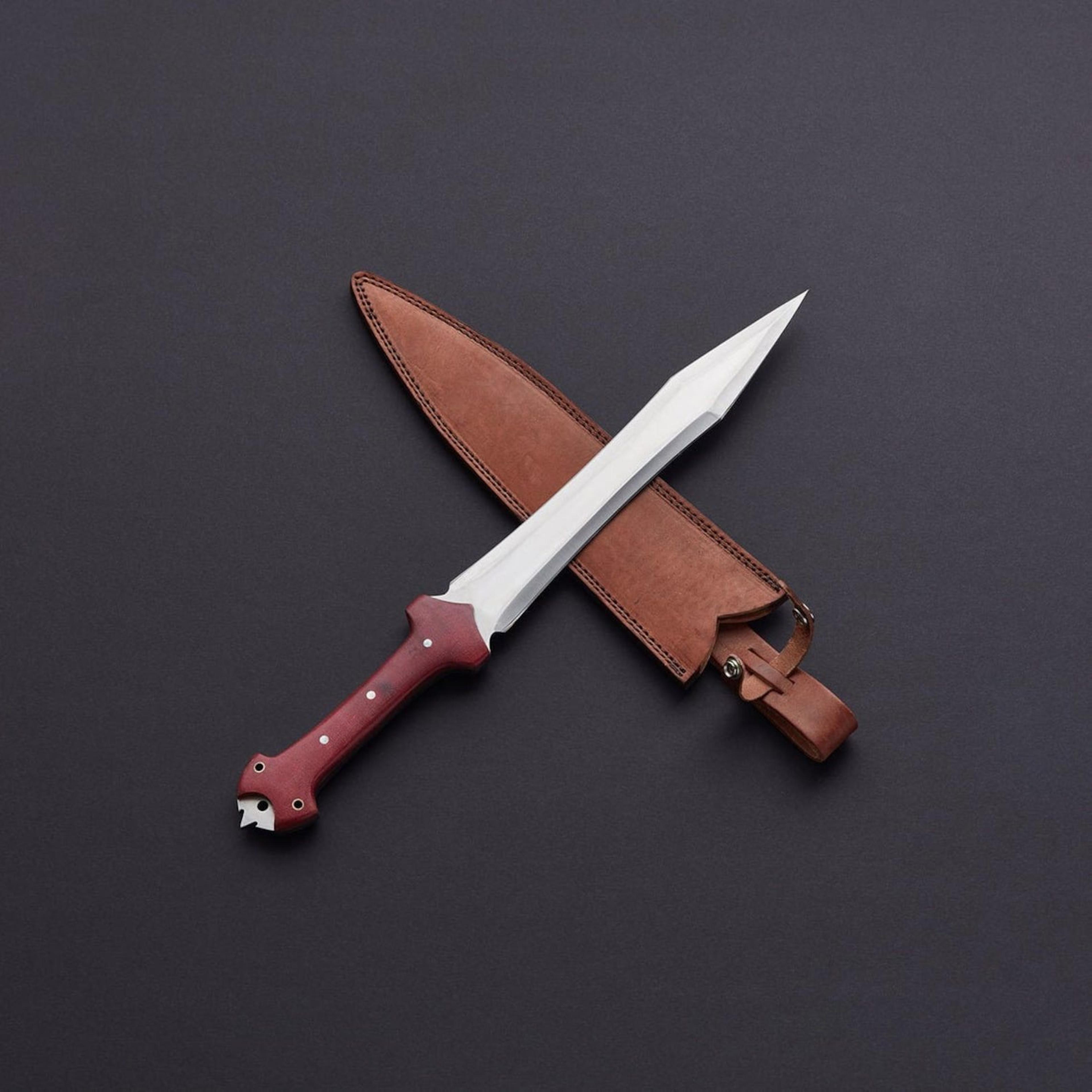 handmade tactical tanto sword with stainless steel blade & red wood handle | leather sheath survival gift