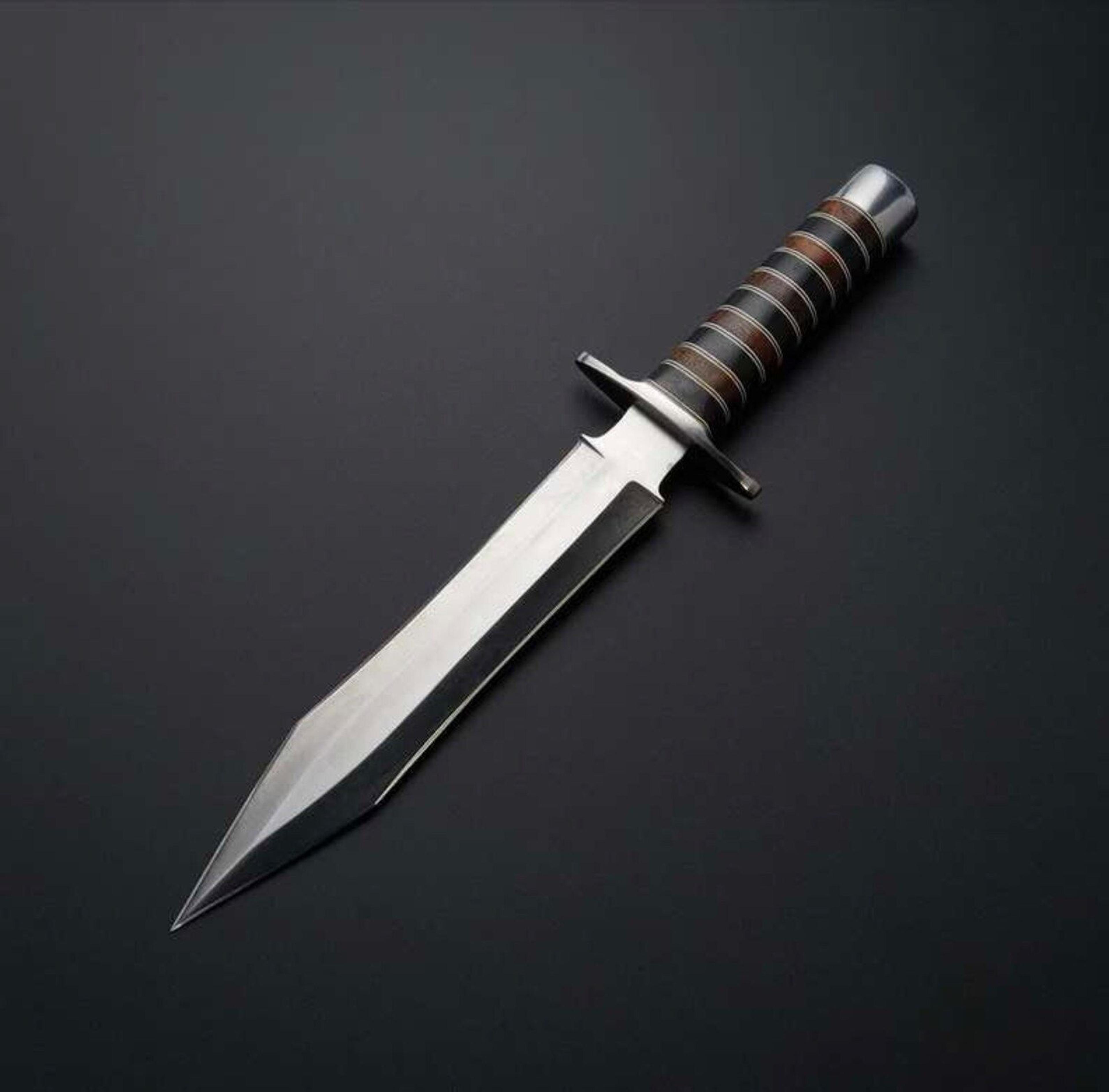 handmade tactical dagger knife with stainless steel spear point blade & leather handle | leather sheath