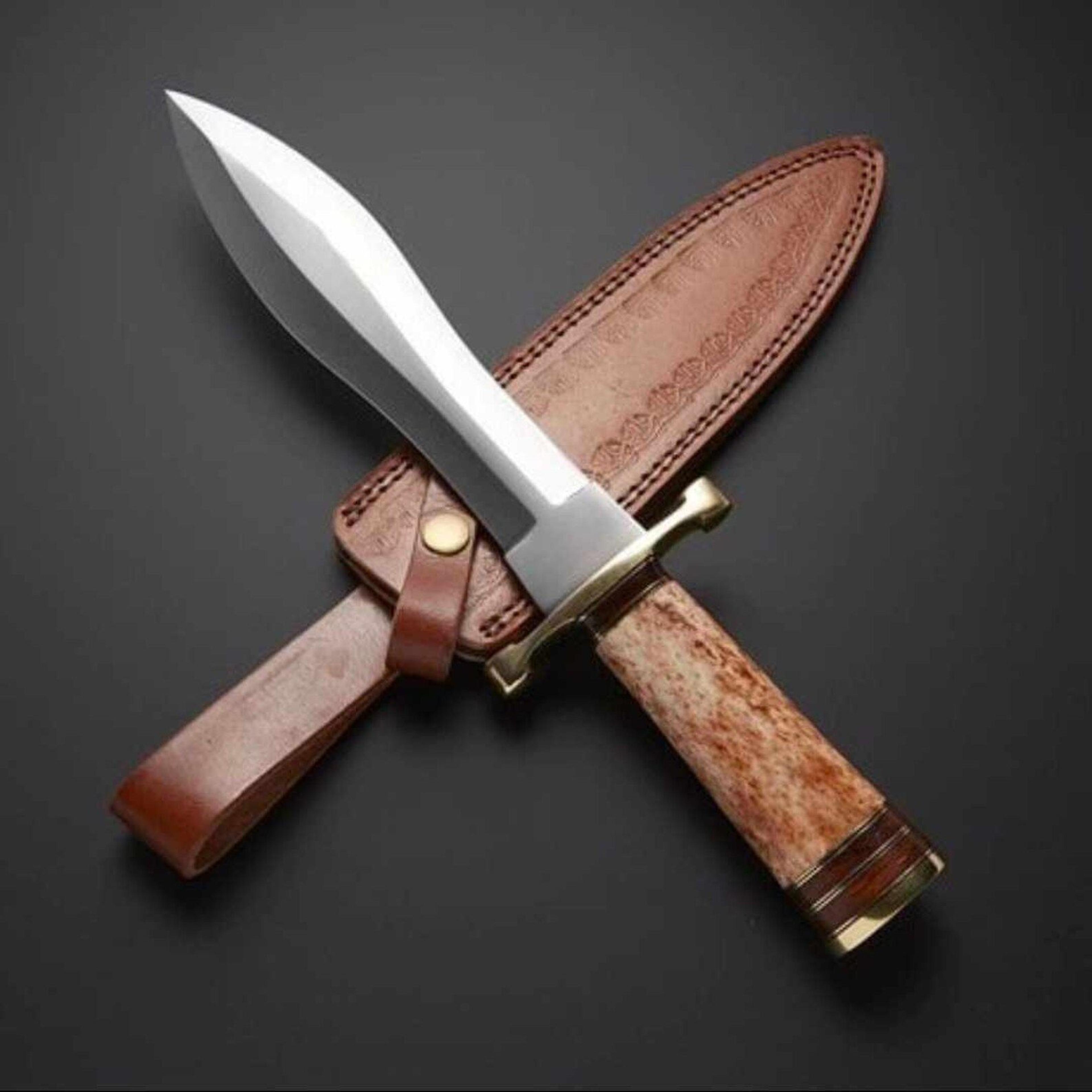 handmade bowie hunting knife with stainless steel clip point blade & leather sheath for survival camping gift