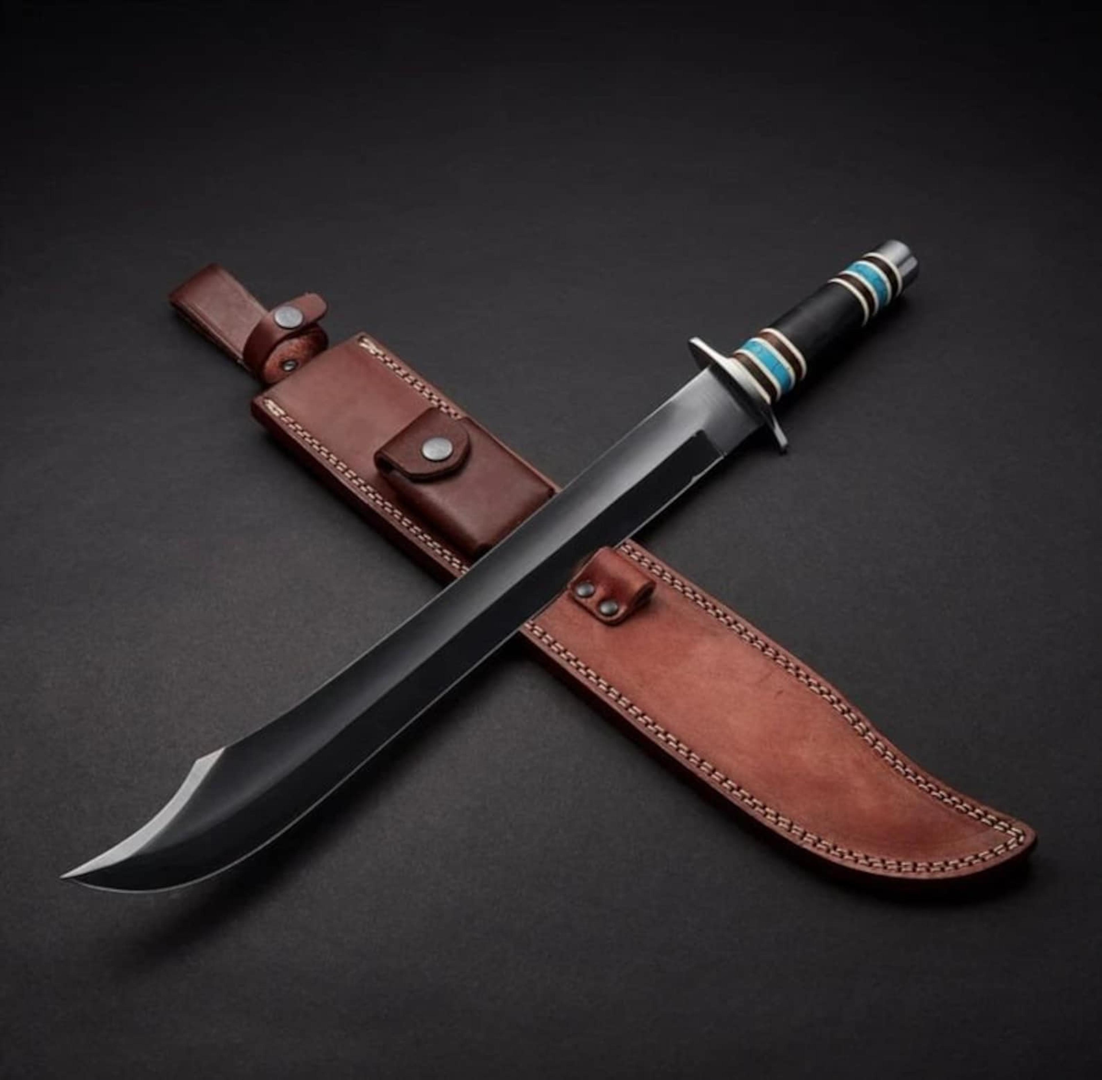handmade black bowie machete knife – stainless steel fixed blade with leather handle & genuine leather sheath
