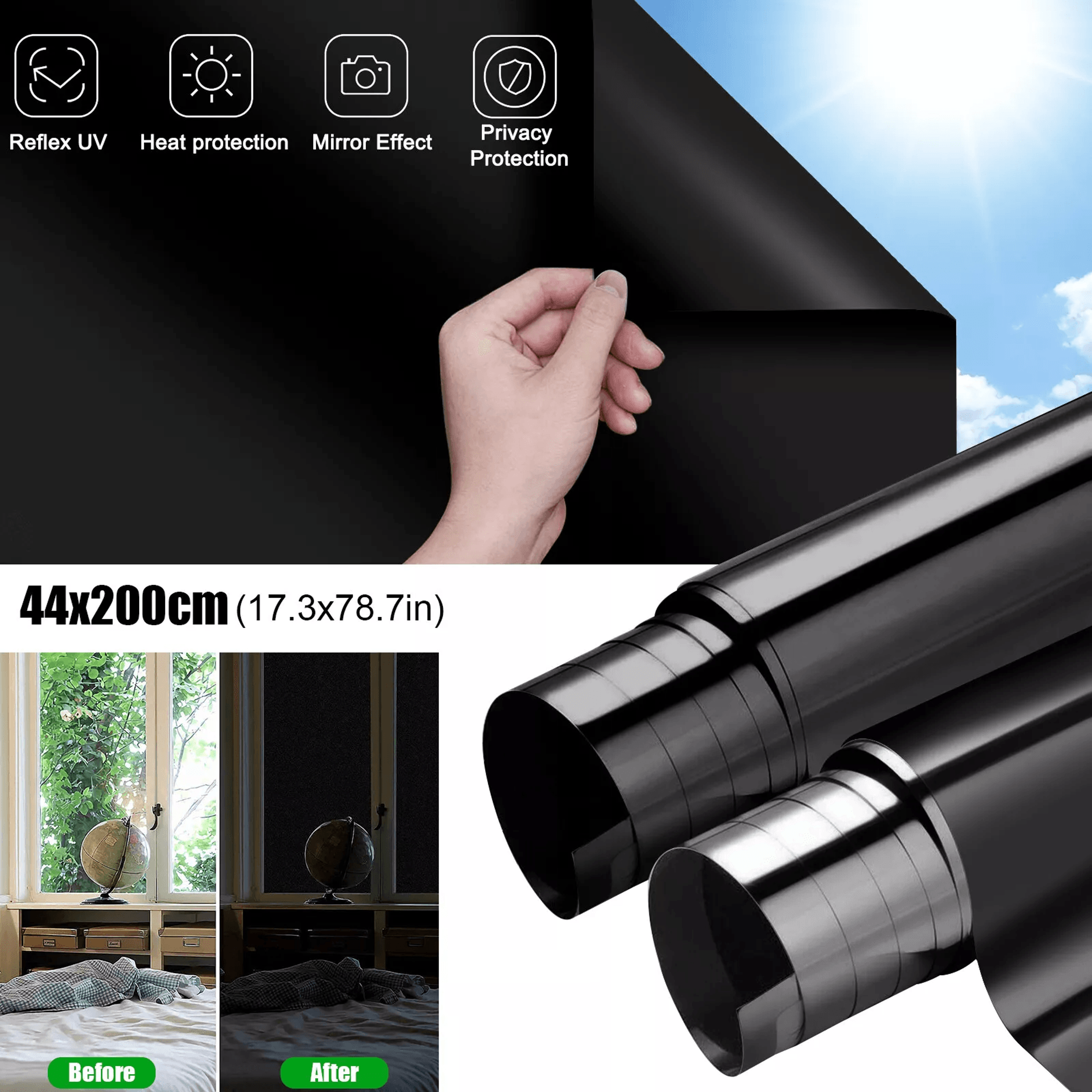 static cling blackout window film, uv blocking, thick black tinting, heat insulation & sun protection