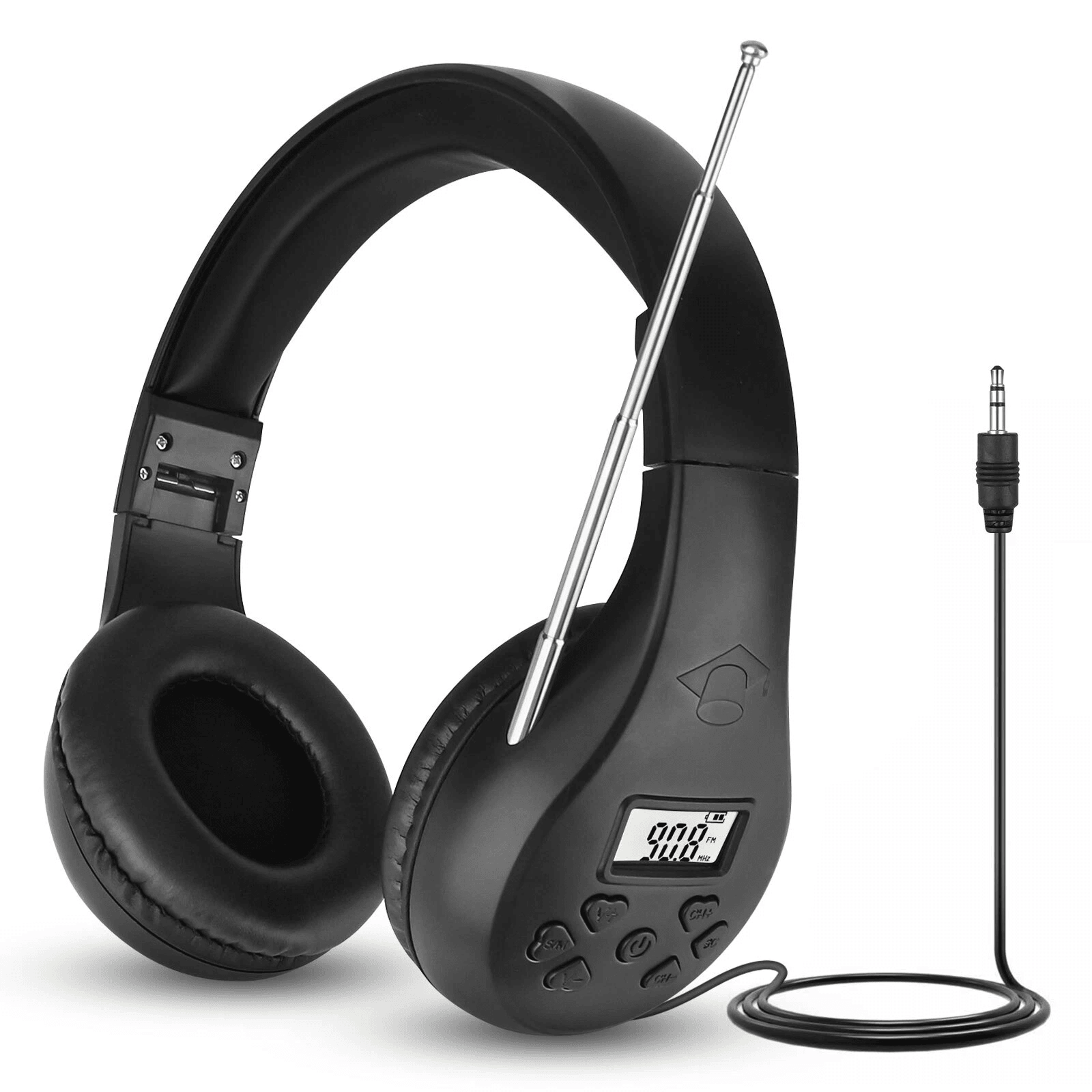 foldable fm radio headphones with stereo bass sound, portable reception headset with noise reduction and aux support