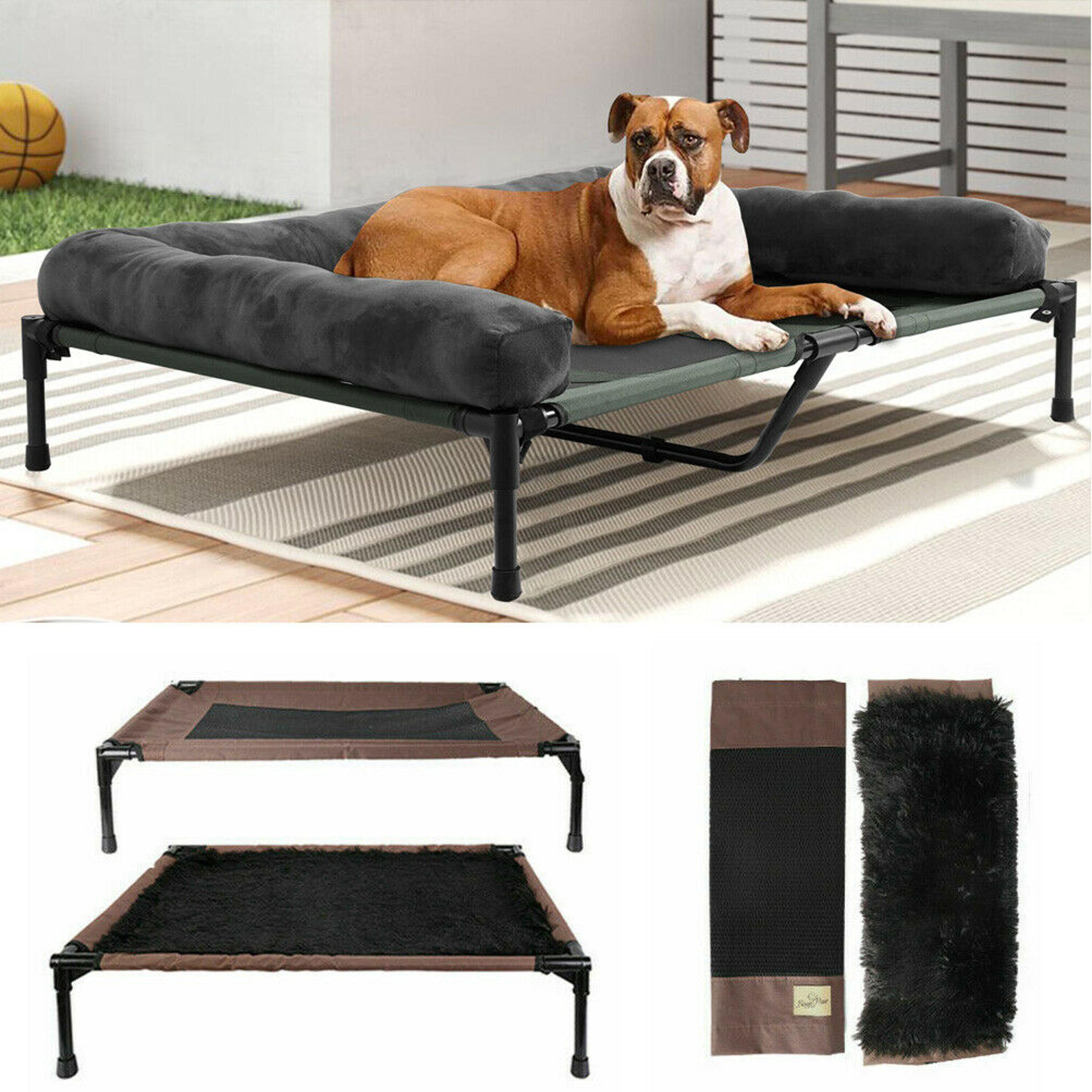 extra large cooling elevated dog & pet cot bed, waterproof raised lounger with supportive bolster, indoor/outdoor use