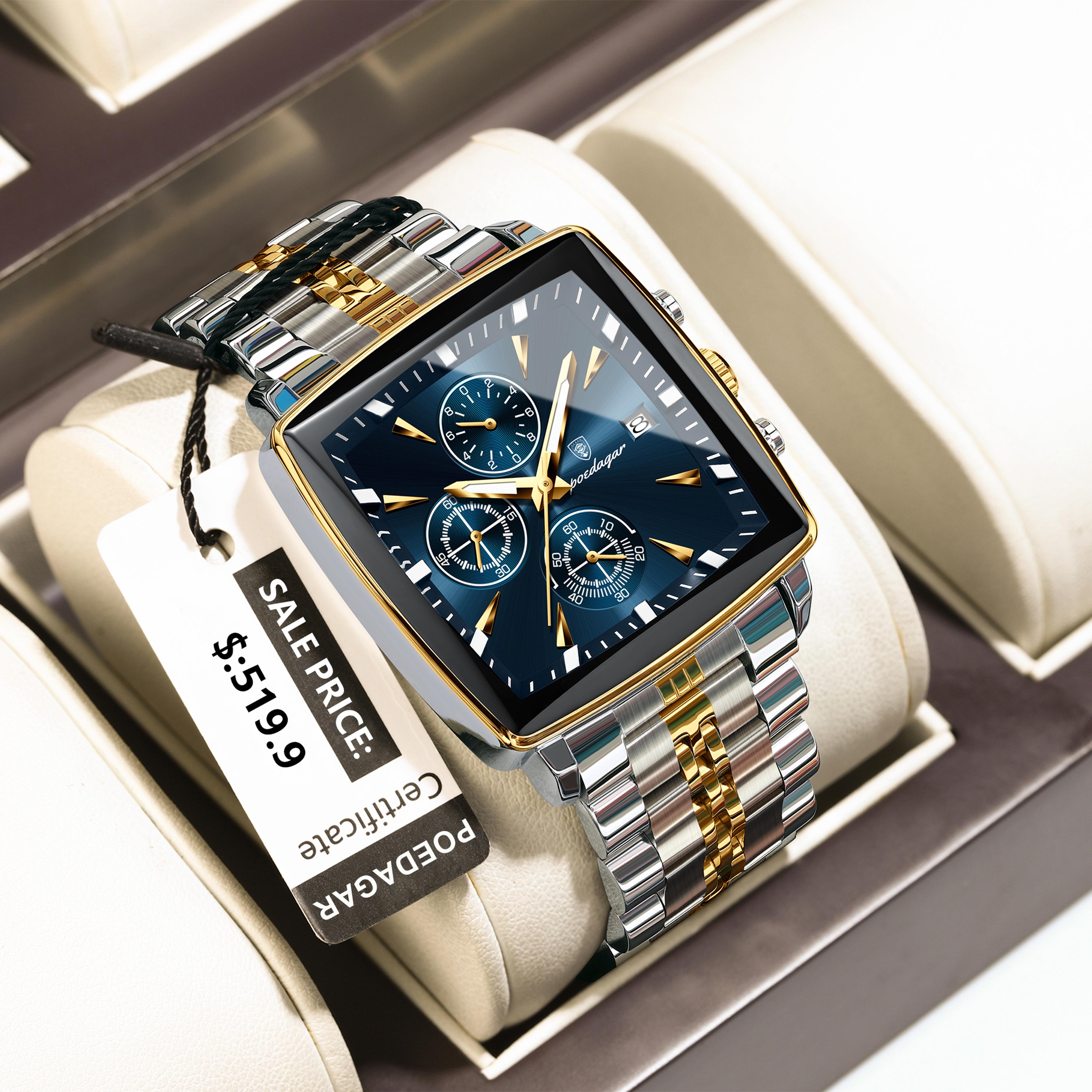 square stainless steel poedagar fashion men watch quartz chronograph, luminous waterproof date wristwatch