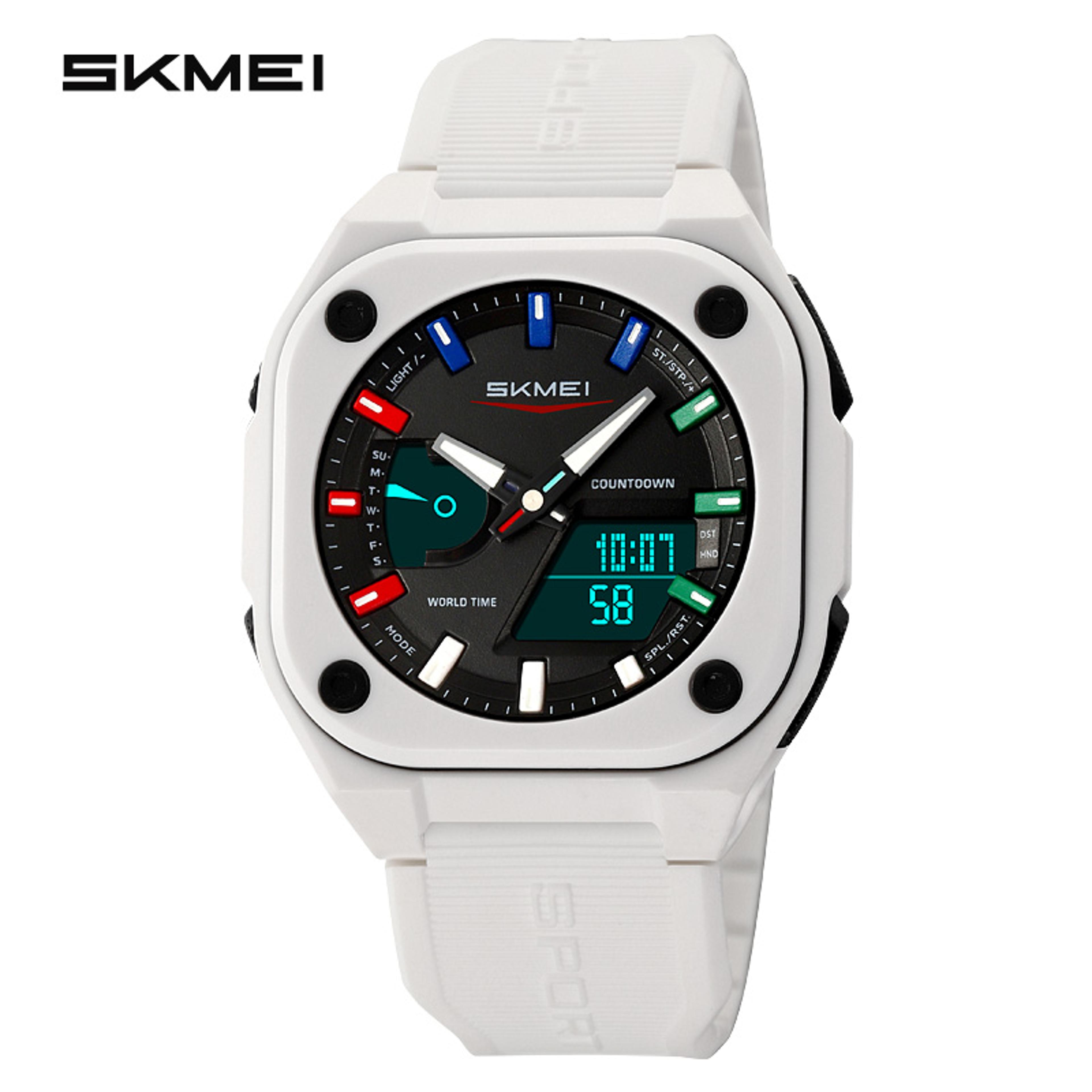 men dual time electronic watch, 5 alarm, countdown timer, waterproof with date, week, daylight saving