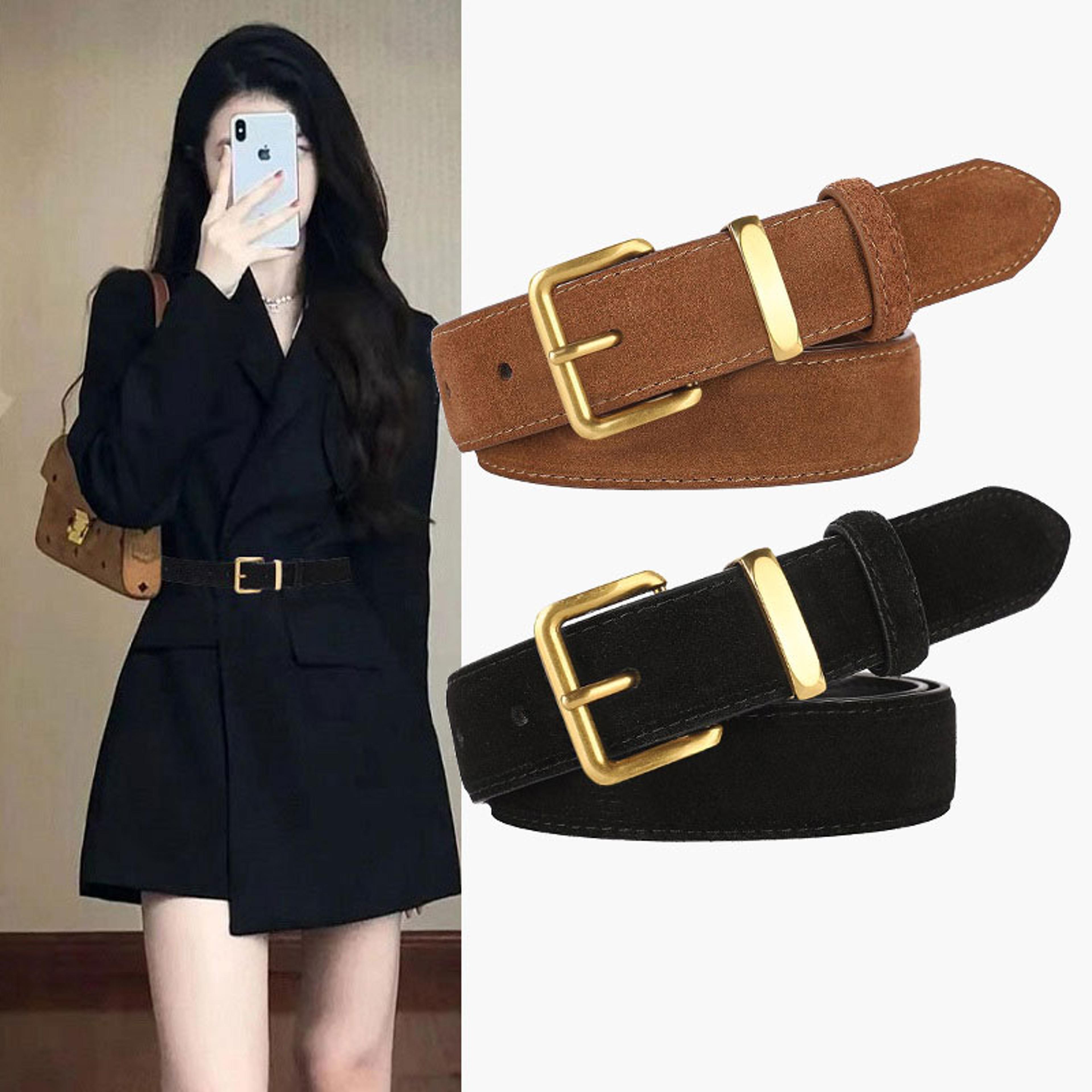 luxurious genuine leather womens suede belt, 2.8 cm wide with gold and silver buckle, stylish belt for jeans and outfits