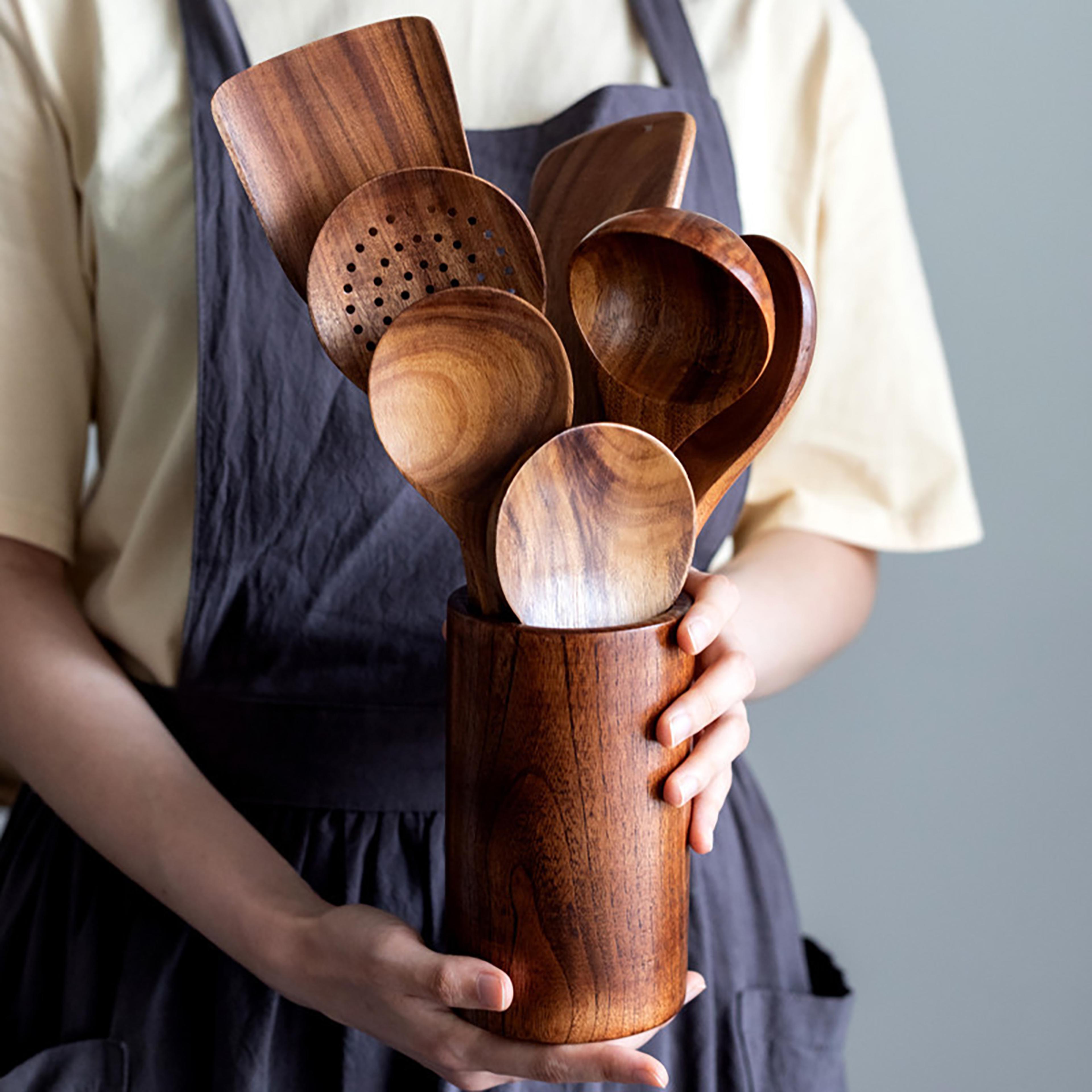 rustic wooden kitchen utensil set with storage bucket for cooking, baking & salad serving