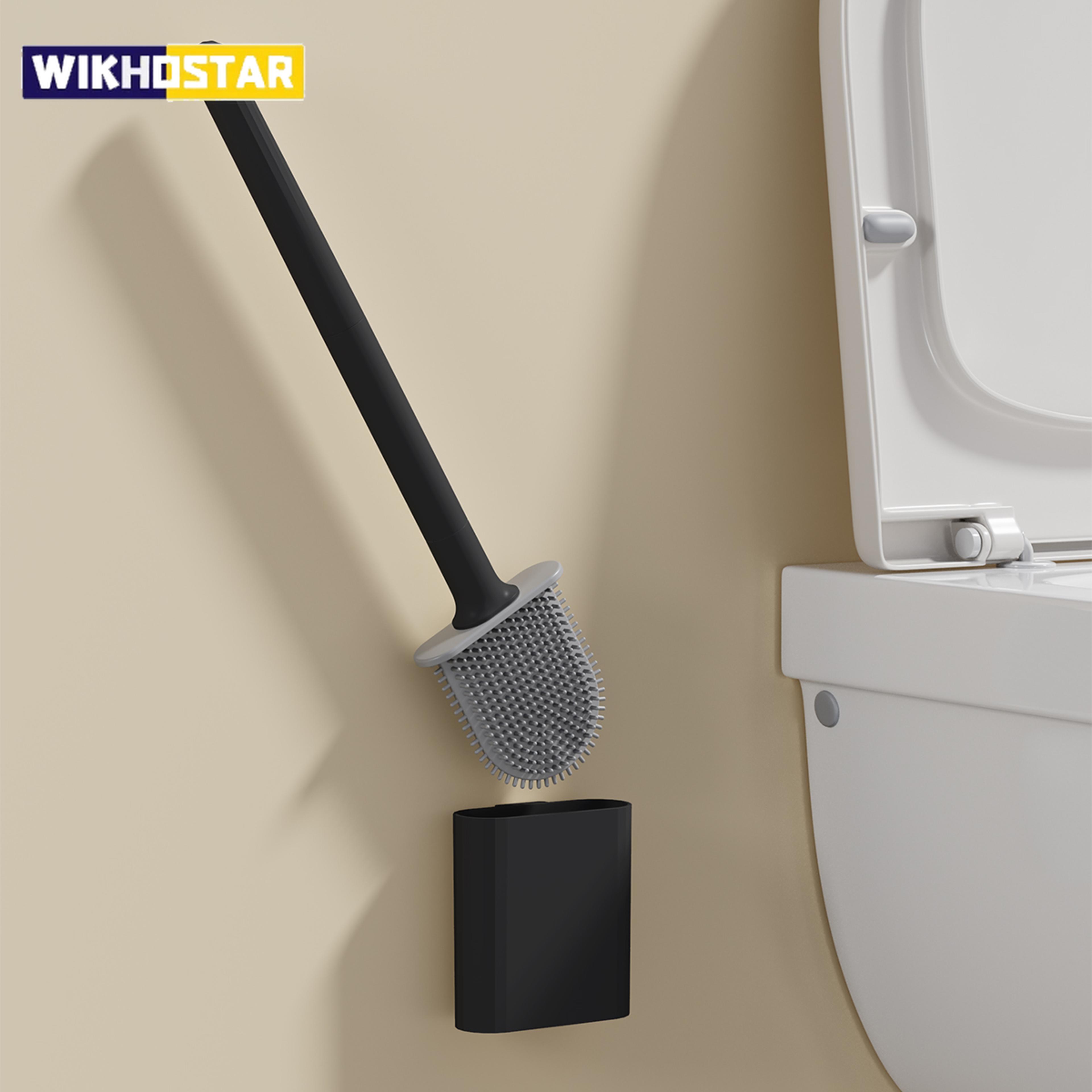 wall mounted silicone toilet brush set with flat flex head & quick dry holder
