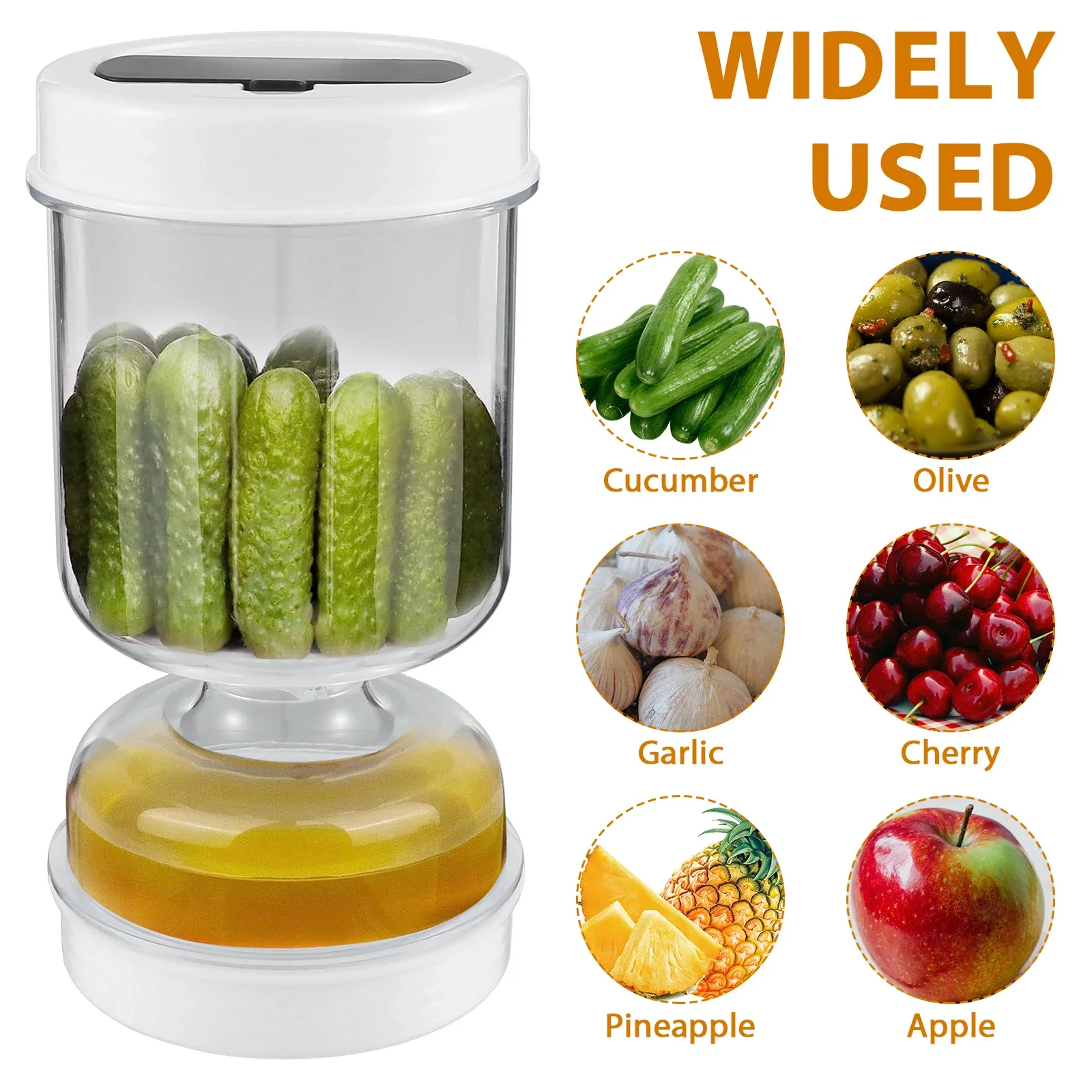 flipdrain pickle container with strainer fork and airtight wet dry separation jar