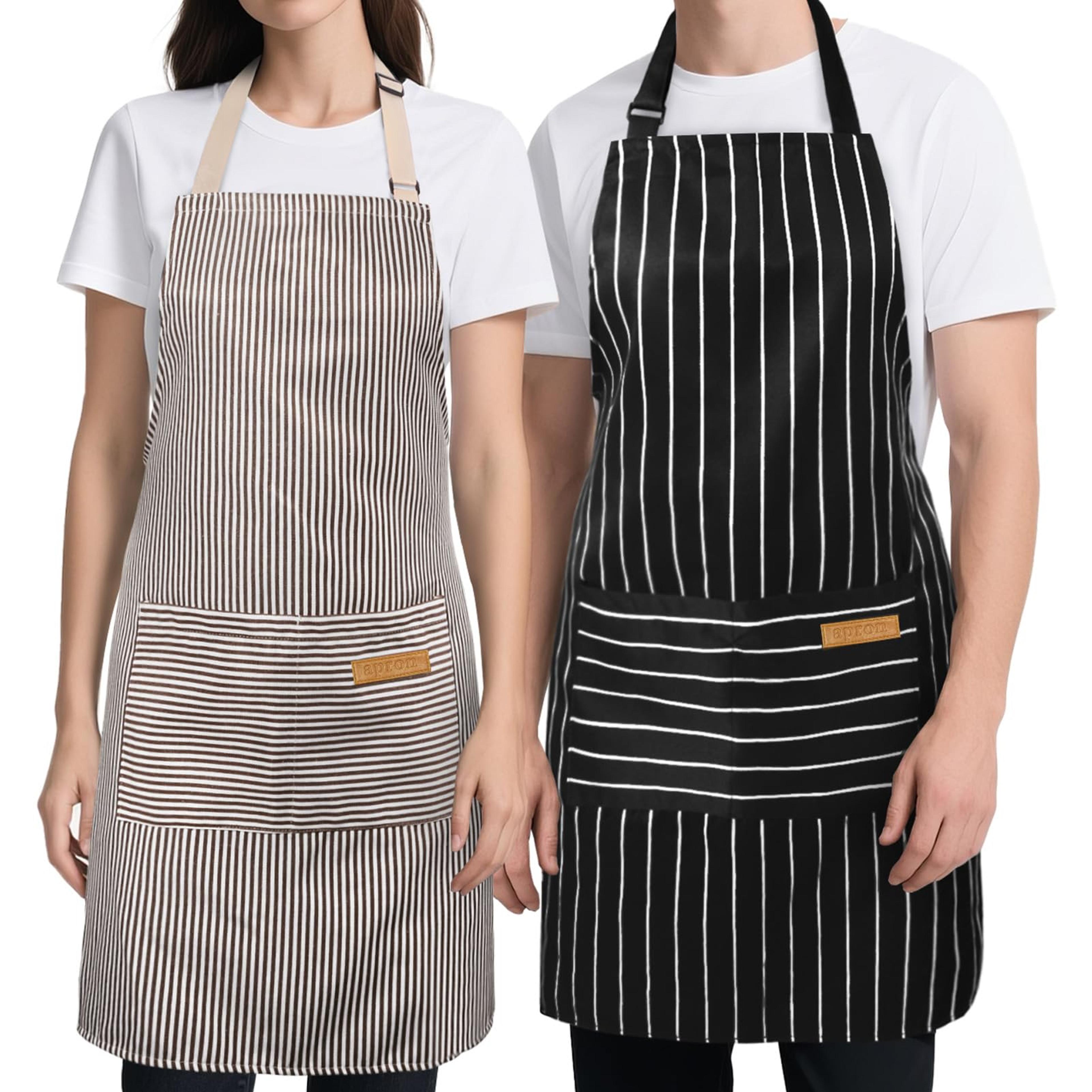adjustable striped kitchen apron set with pockets for cooking, baking & restaurant work