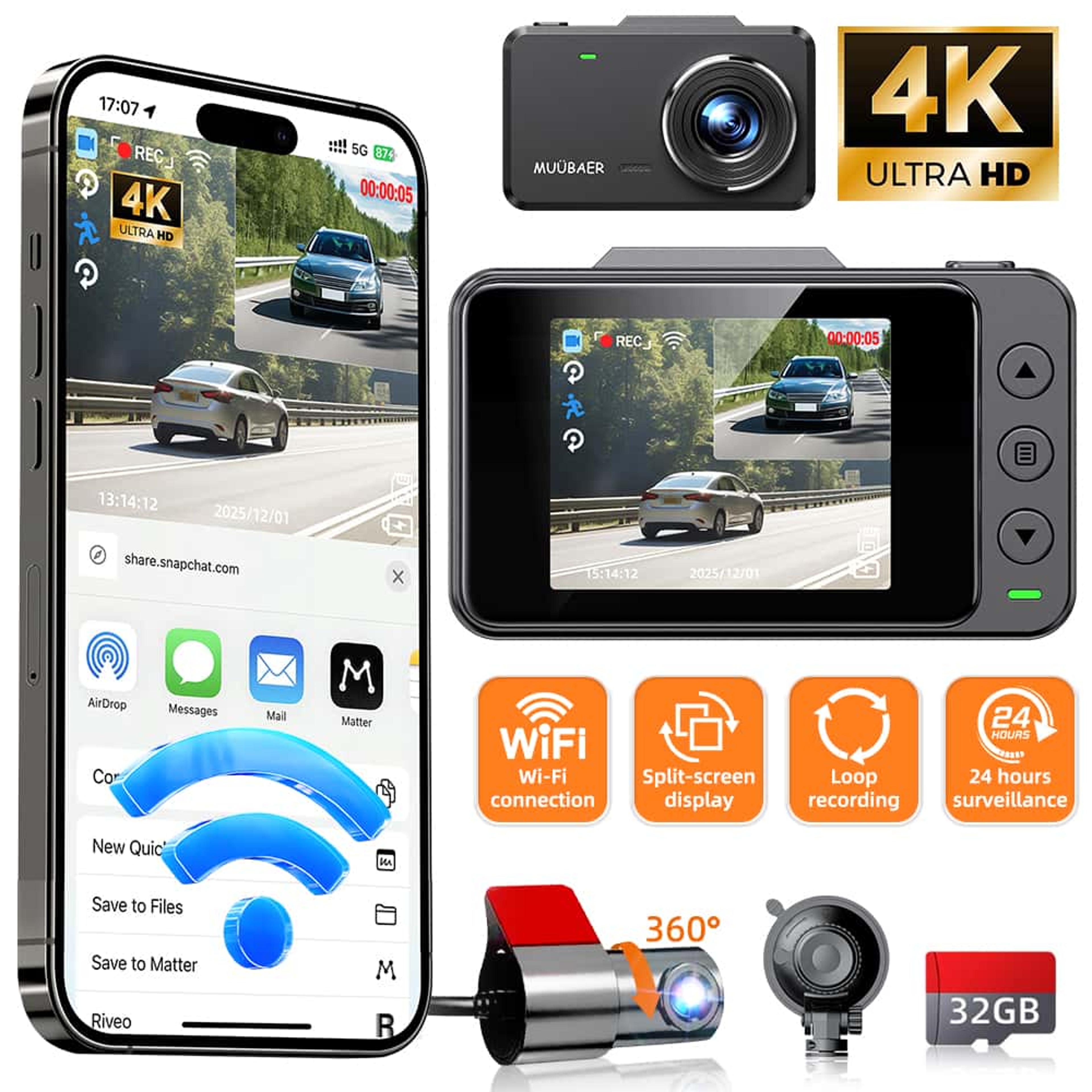 front & rear wifi dash cam with night vision and parking monitor