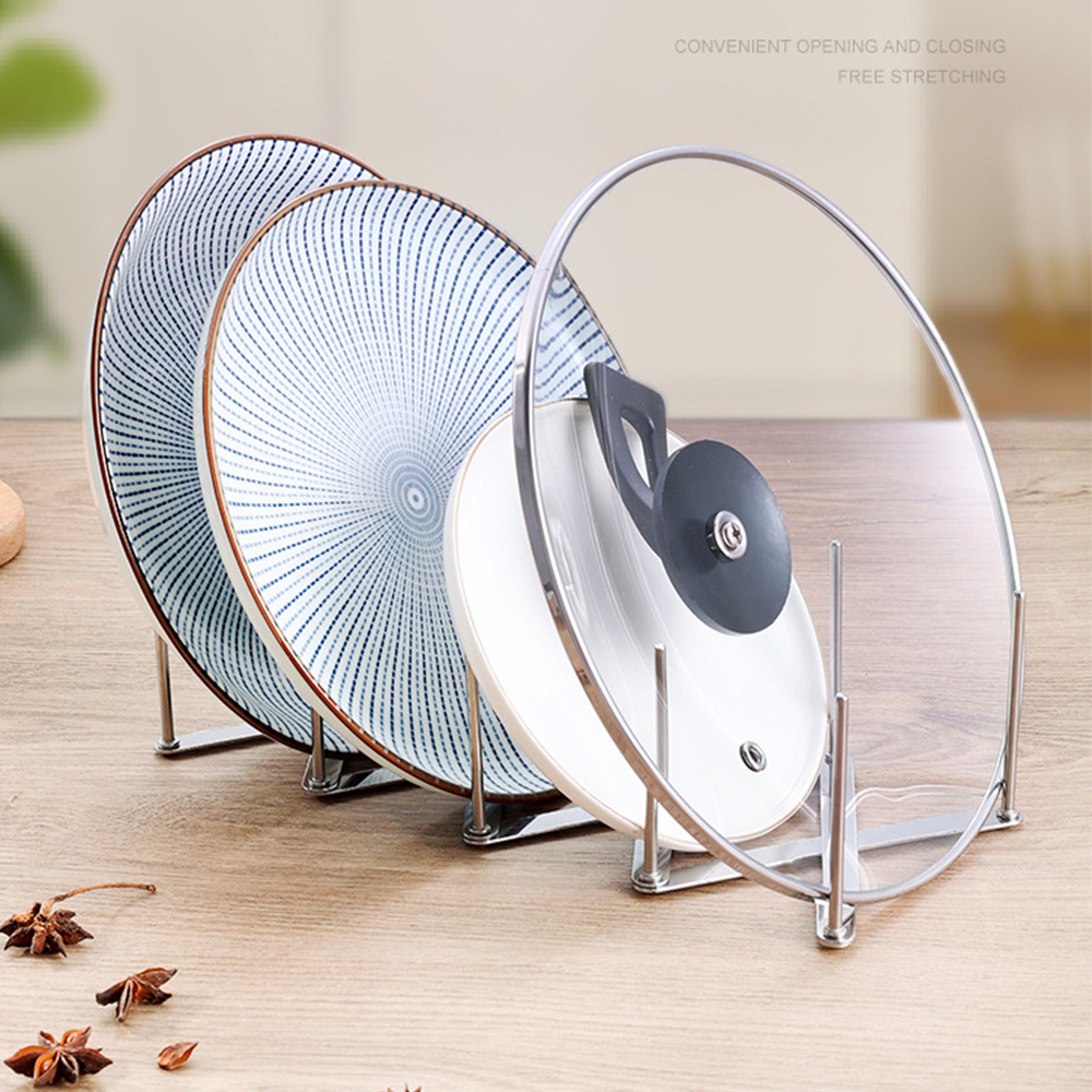 retractable stainless steel pot lid organizer rack for pans, plates & kitchen storage