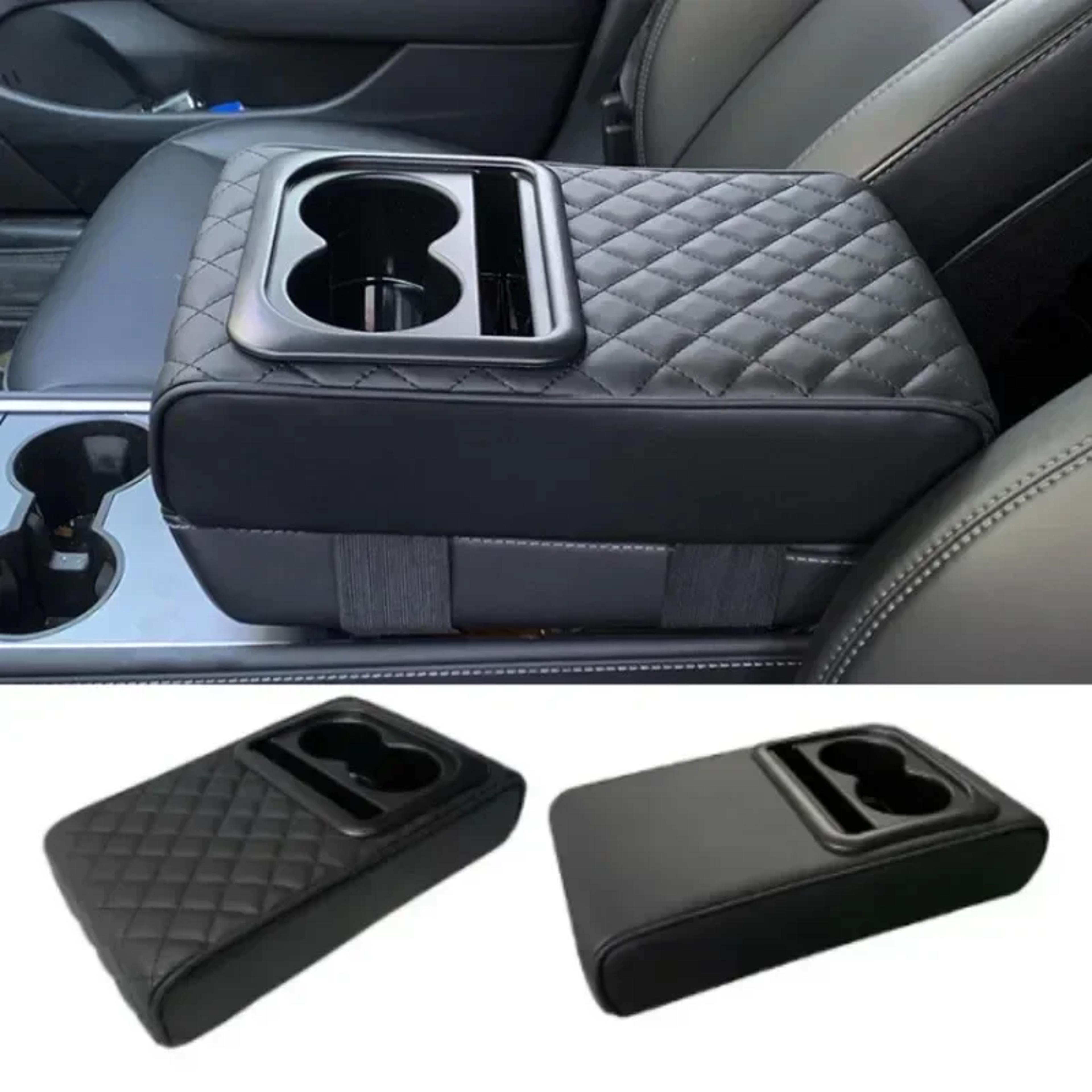 universal car center console armrest cushion with 2 cup holders, pu leather height adjustable pad for comfort & storage