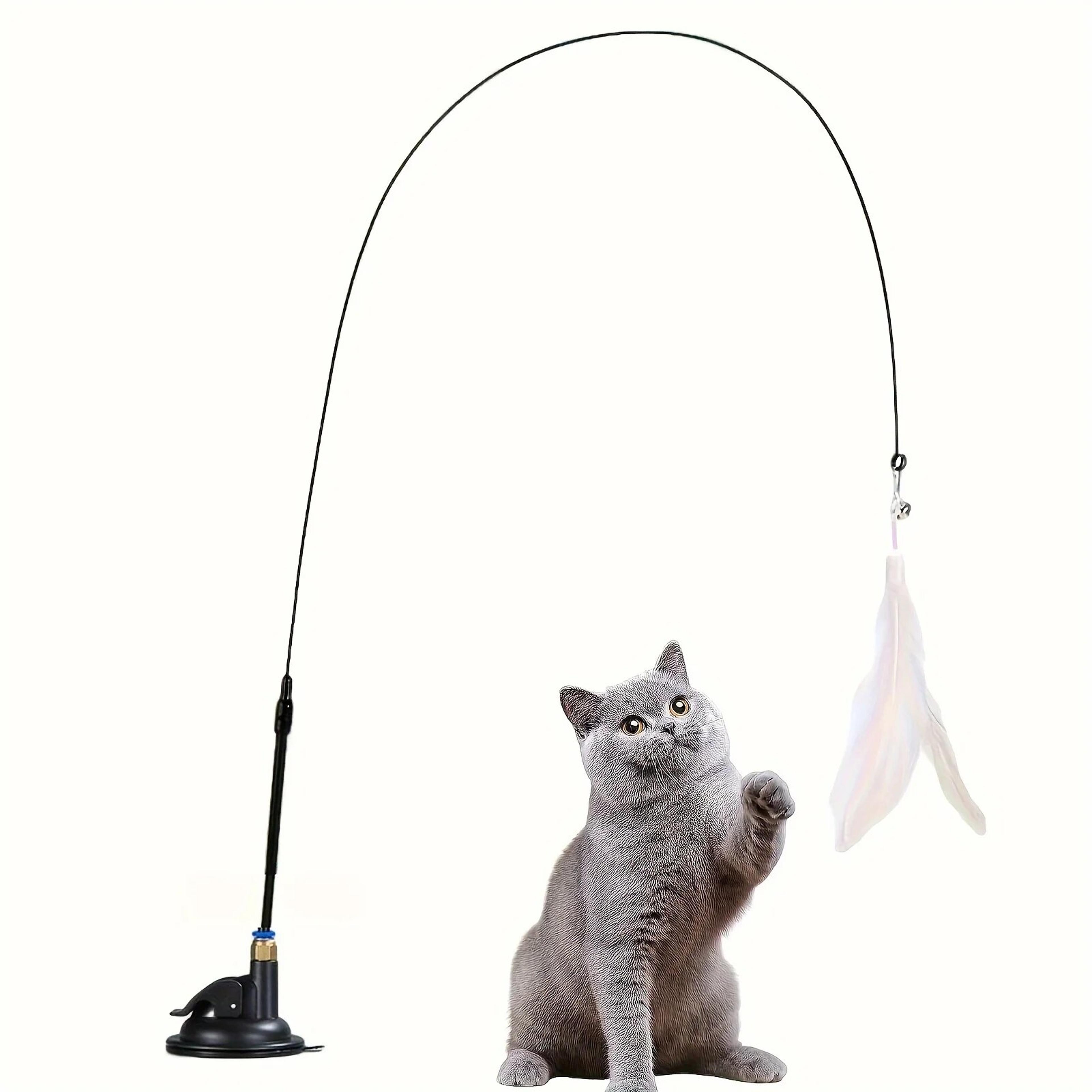 interactive cat toy,feather wand with bell & long suction cup pole,stimulating teaser toy for playful kitten & adult ca