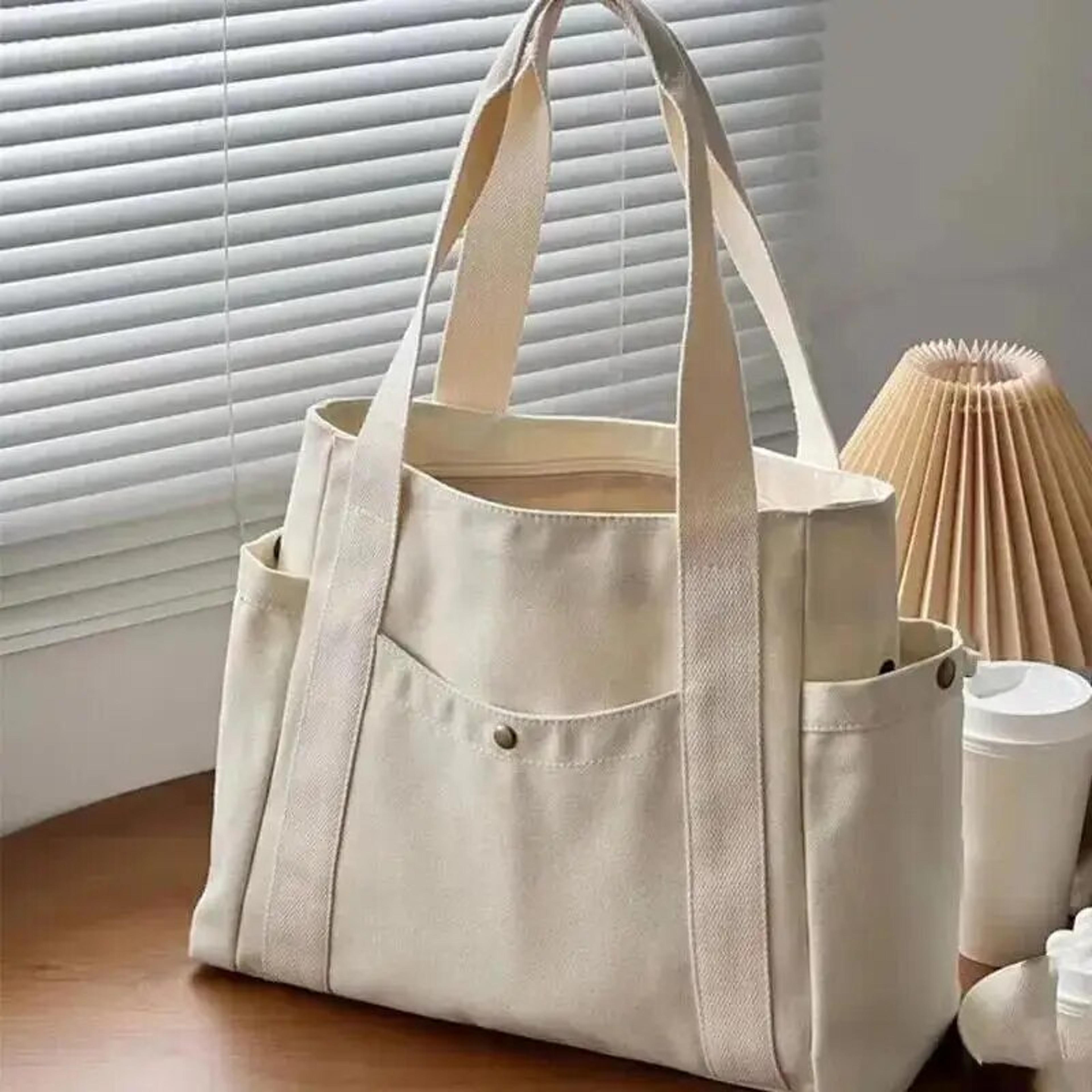 large capacity canvas women's tote bag, multiple outer pocket shoulder handbag, casual student shopping purse