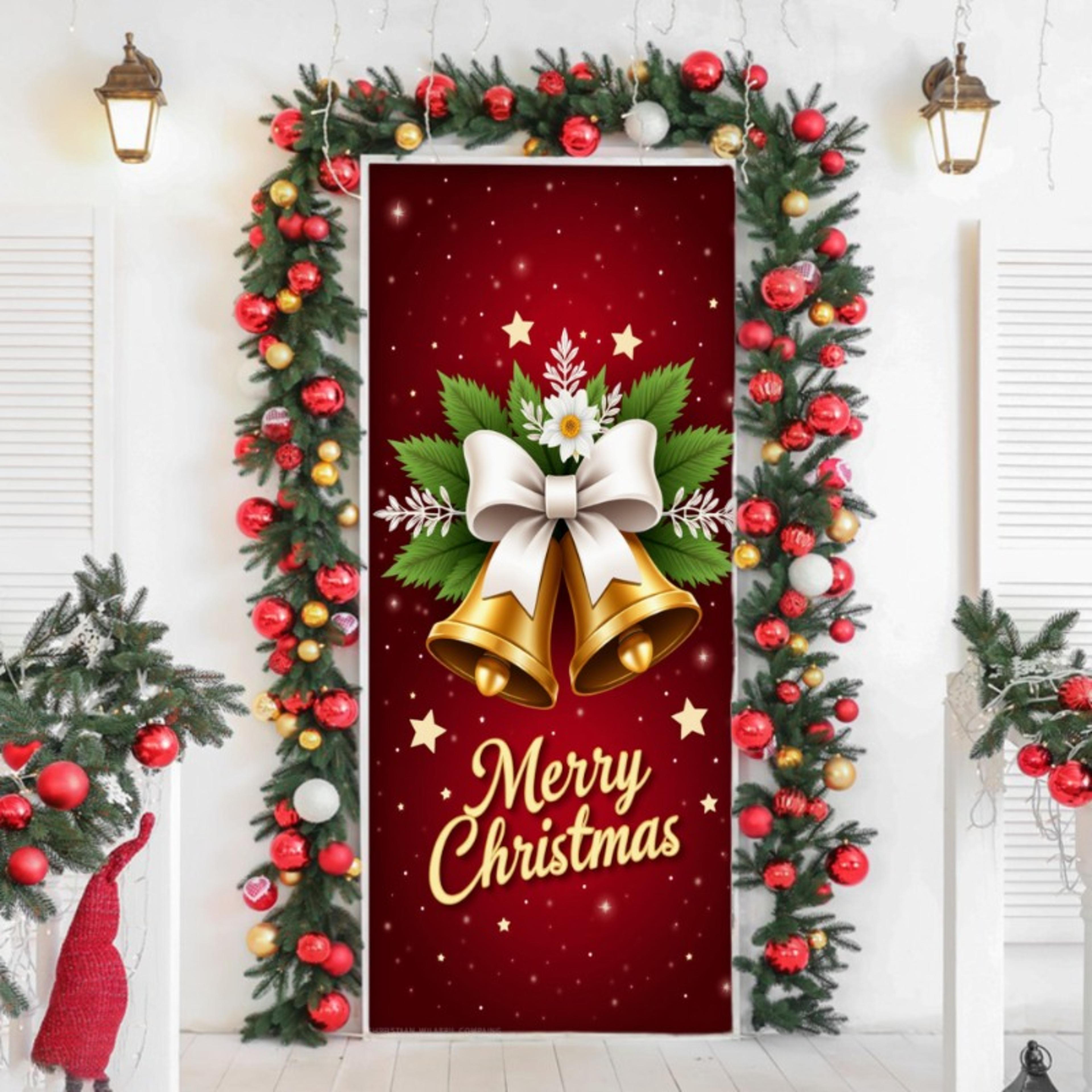 merry christmas door cover, bell garland door decor, dining table cover, elastic holiday decoration