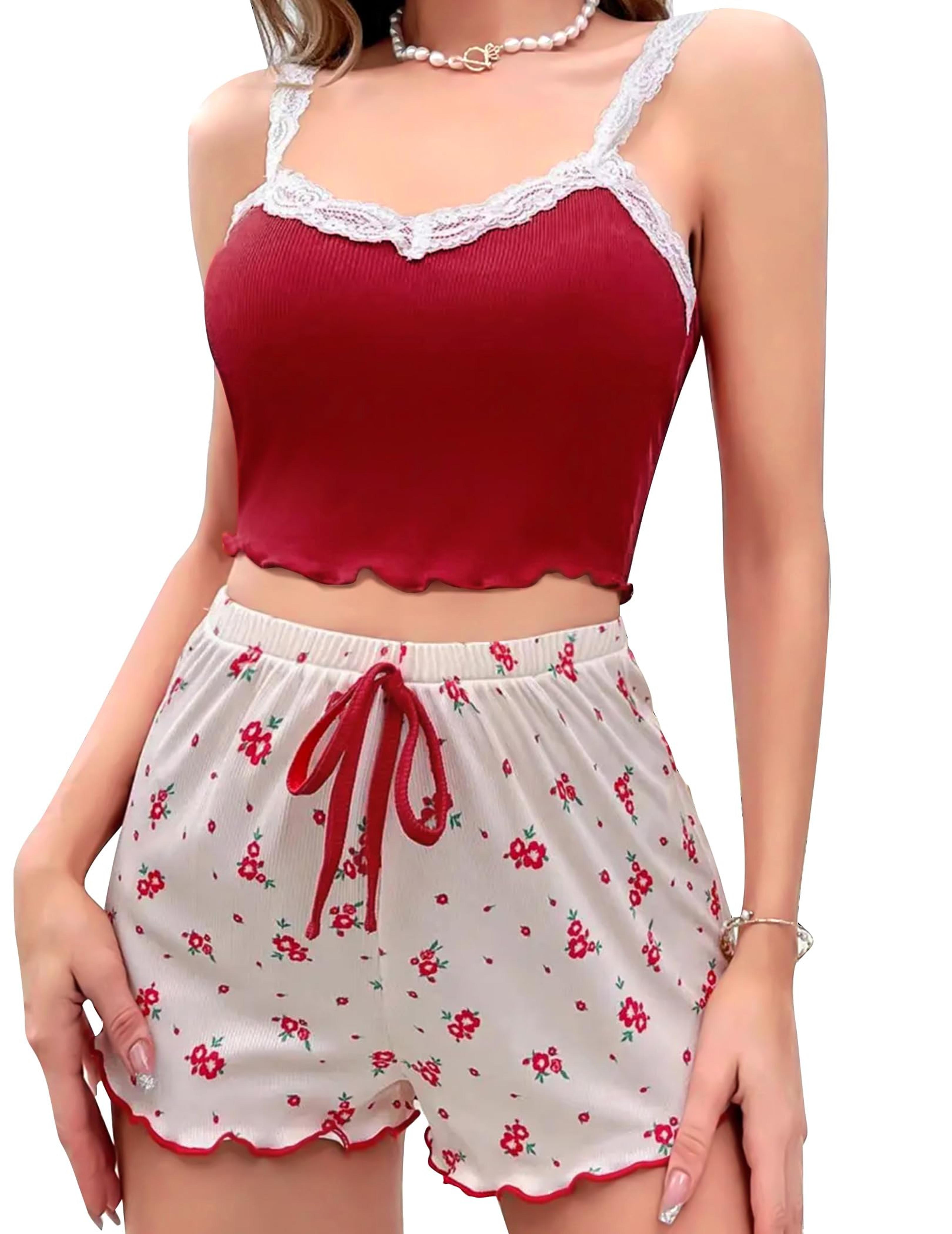 sexy nighties women pajama set, lace patchwork v-neck sleepwear, soft pyjamas camisole top with printed shorts