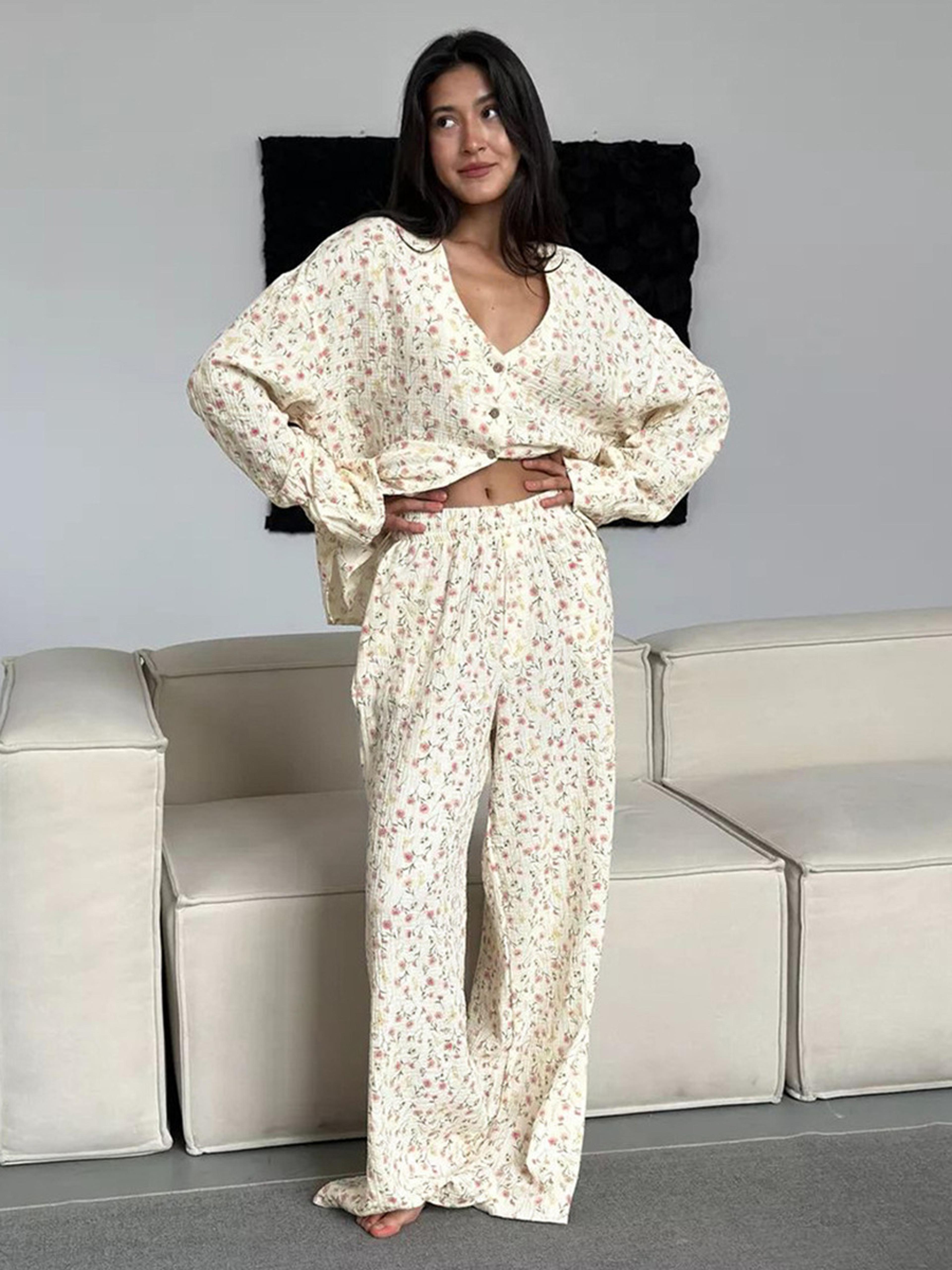 women's 100% cotton printed cardigan pajama set, autumn long sleeved pants