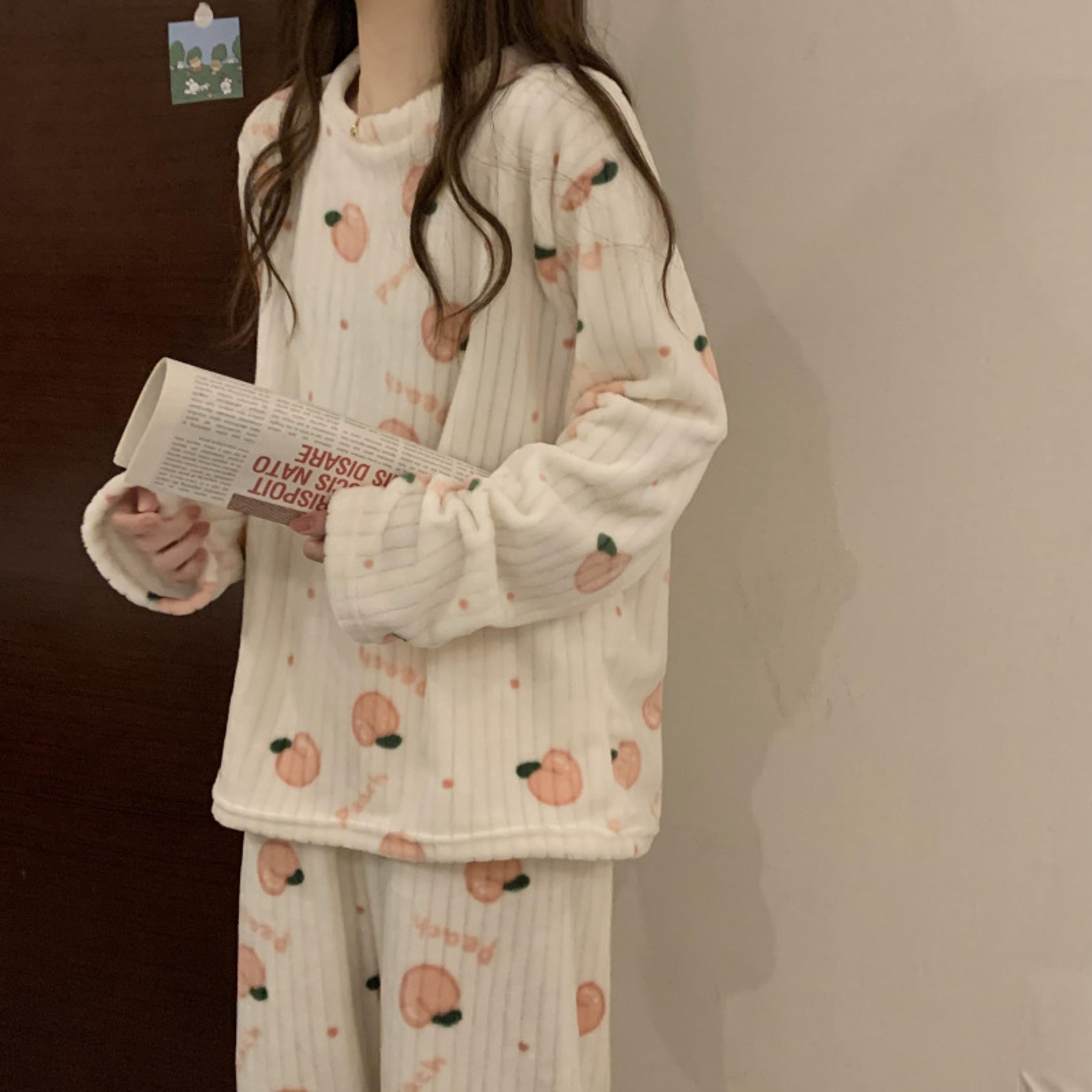 flannel women's pajamas, warm fall and winter loungewear, peach sleepwear, coral velvet nightwear