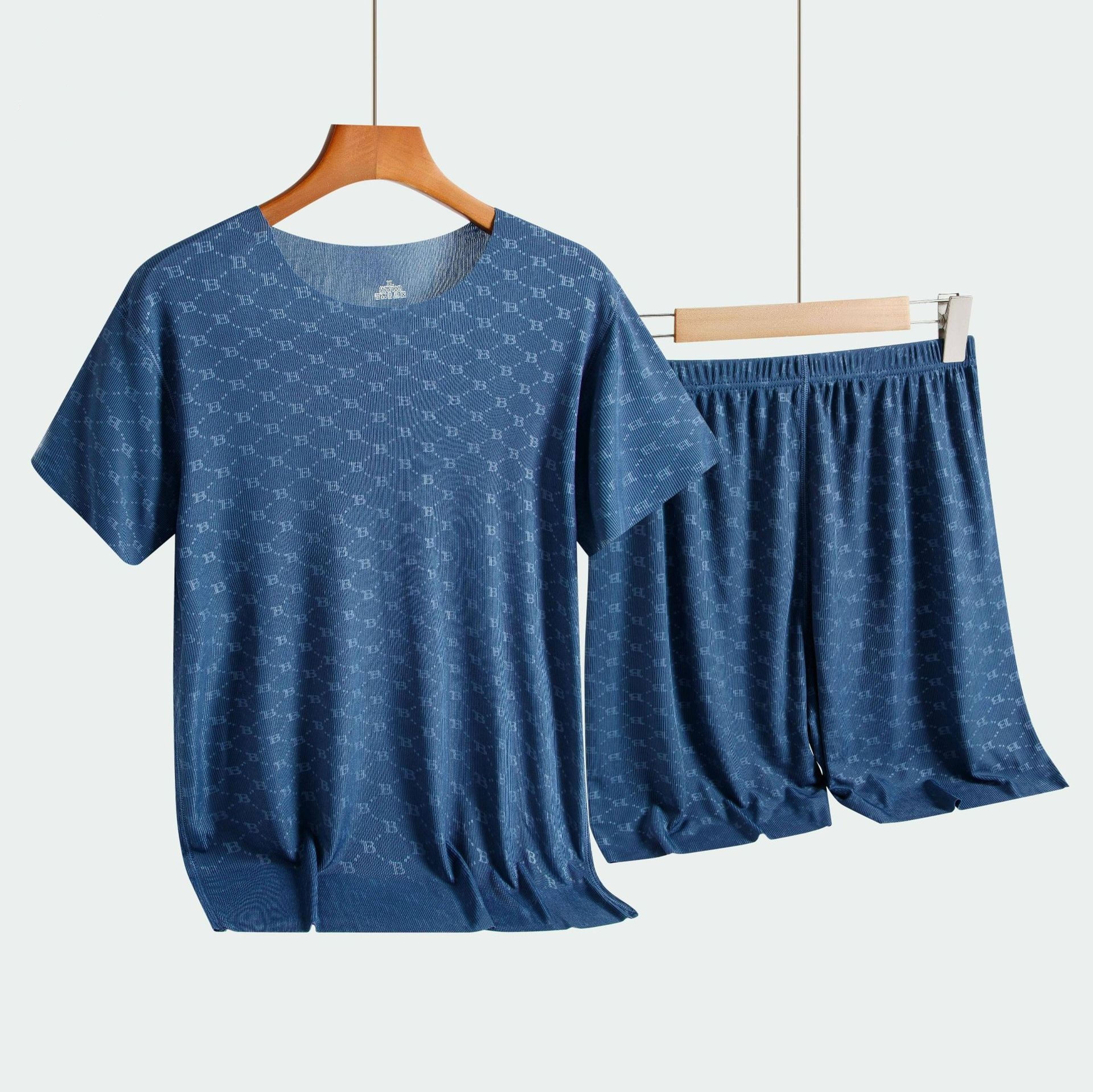 men's summer pajama set, casual printed ice silk t-shirt, modal short-sleeve pajama trousers