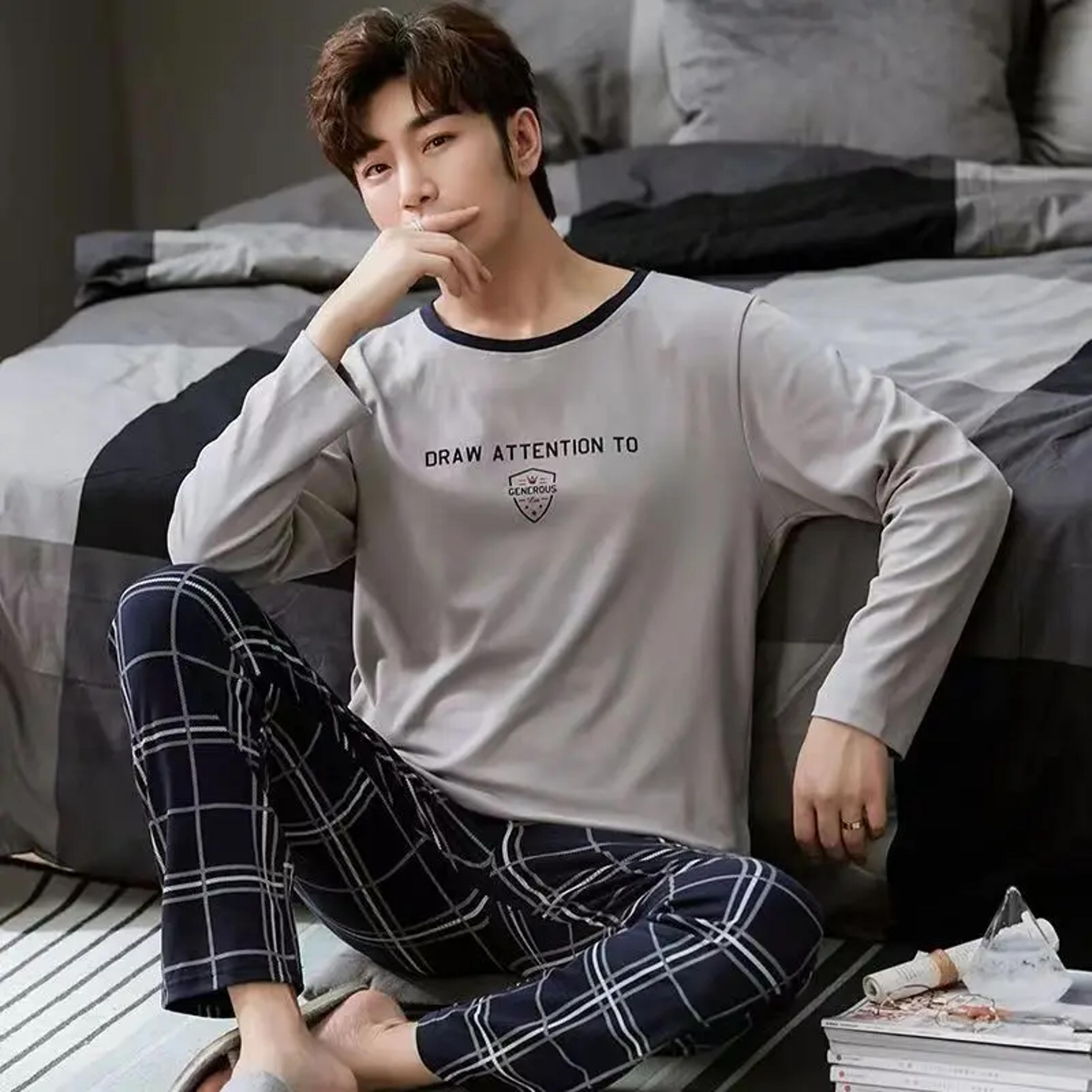 men long-sleeved pajama set for spring & autumn, plaid trouser, neck top, cozy student homewear set