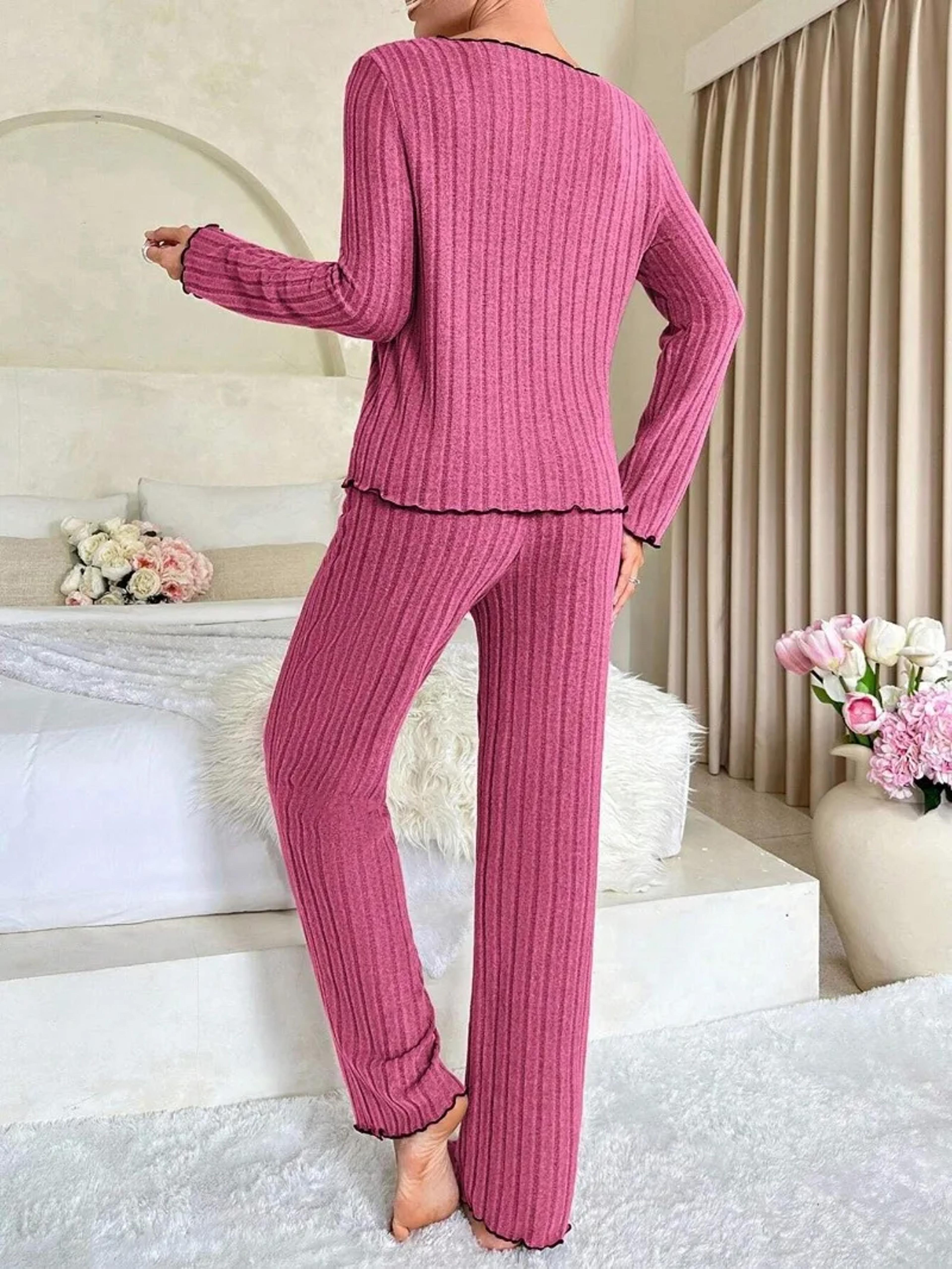 ribbed pajamas set for women, long sleeve top, long pants set, autumn winter sleepwear