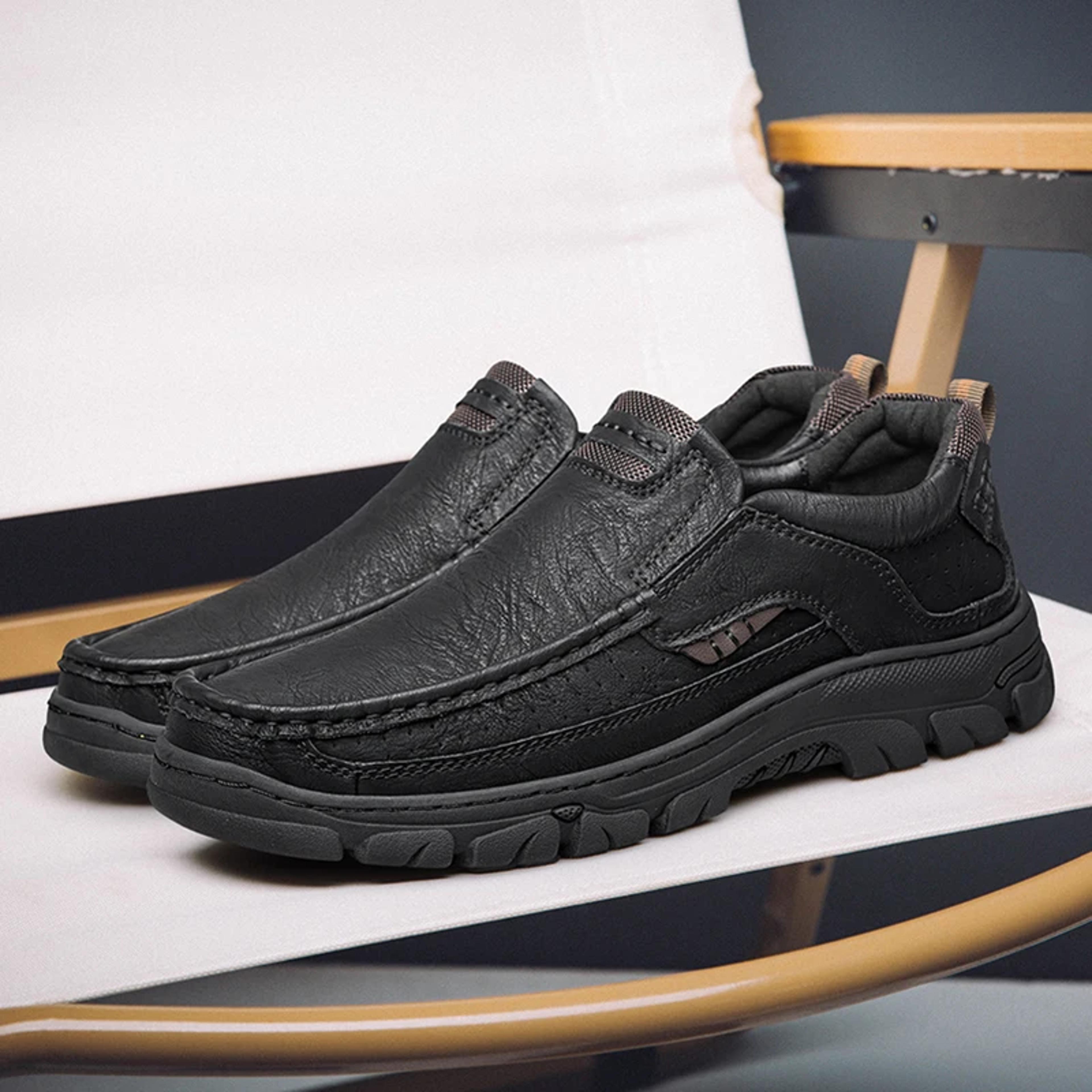 men's slip-on leather casual shoes, wear-resistant, anti-skid loafers, round toe, thick bottom dress footwear