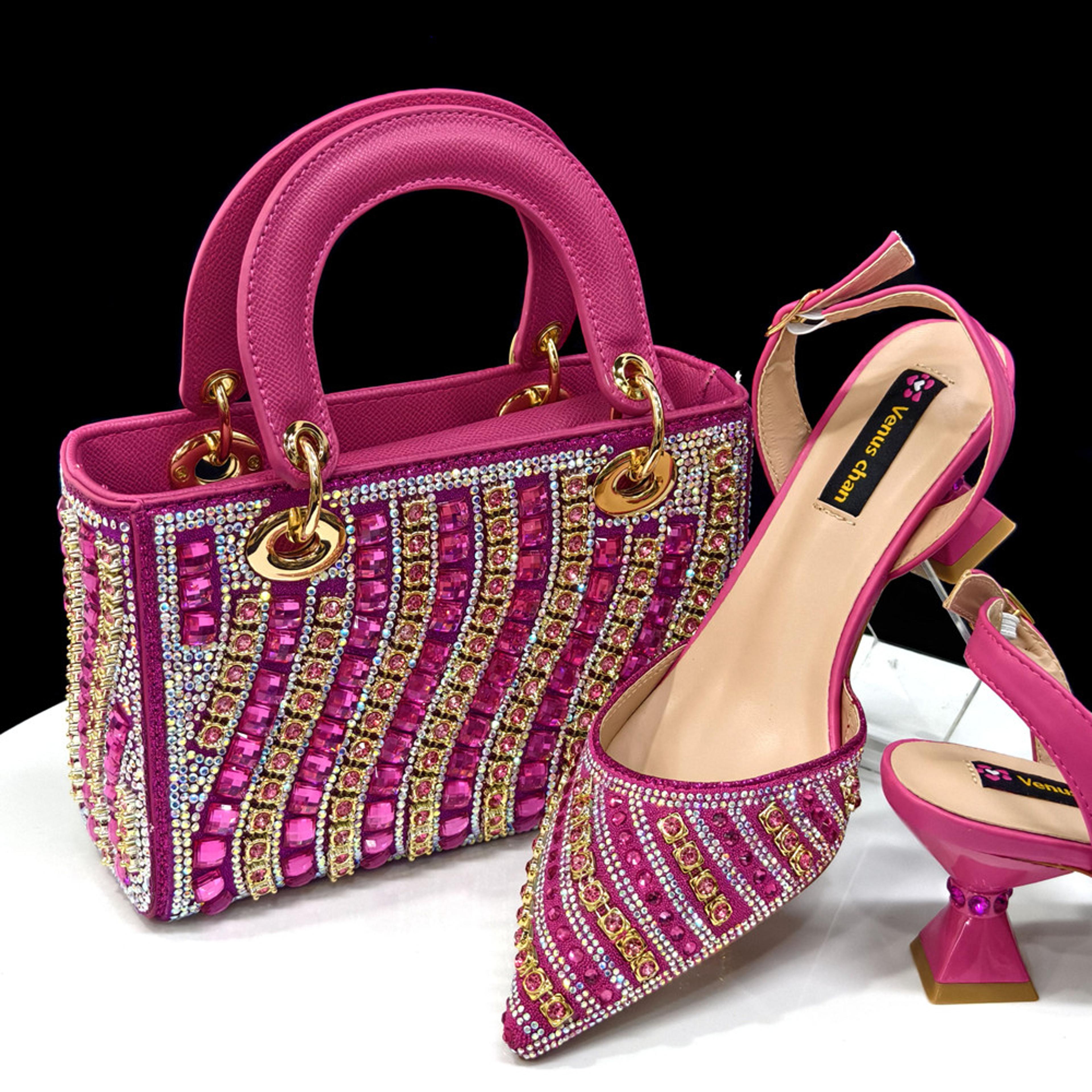 rhinestone decoration fuchsia color shoes and bag set, shiny italian fashion pointed toe women heel for chic elegance