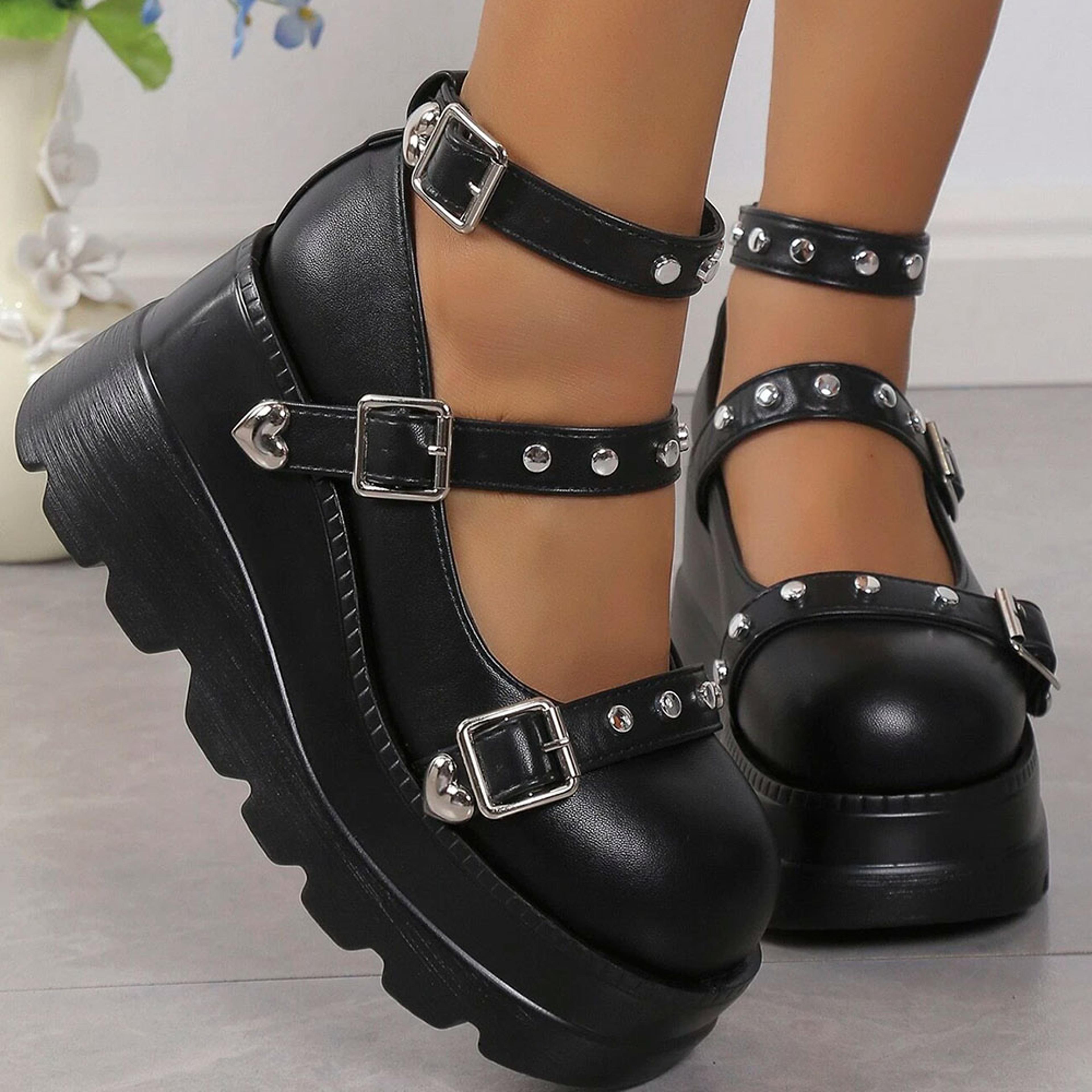 black round toe heel studded punk nightclub ladies mary jane y2 lace buckle lolita women's shoes