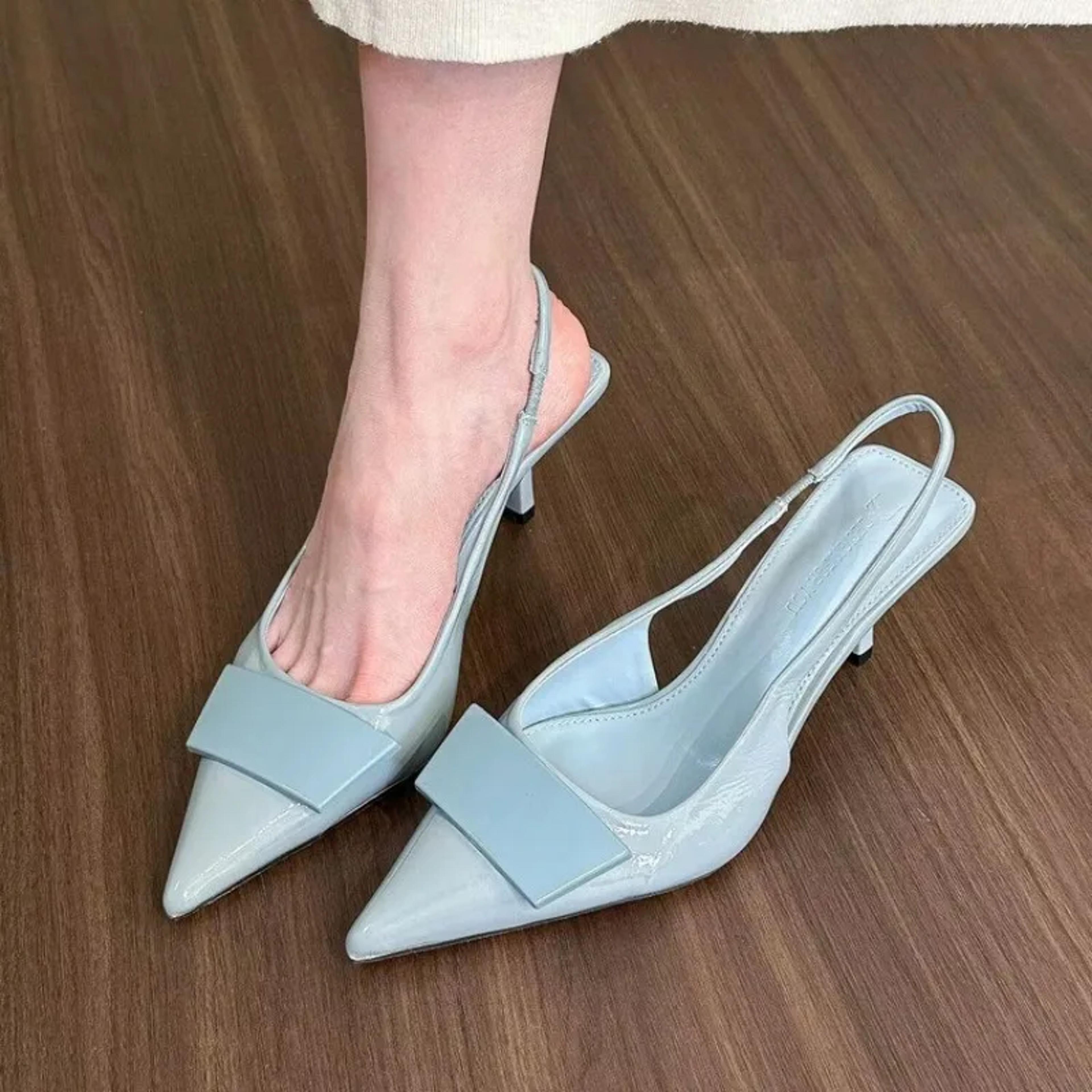 pointed toe fashion square buckle sandals pumps for women, temperament slingback high heels